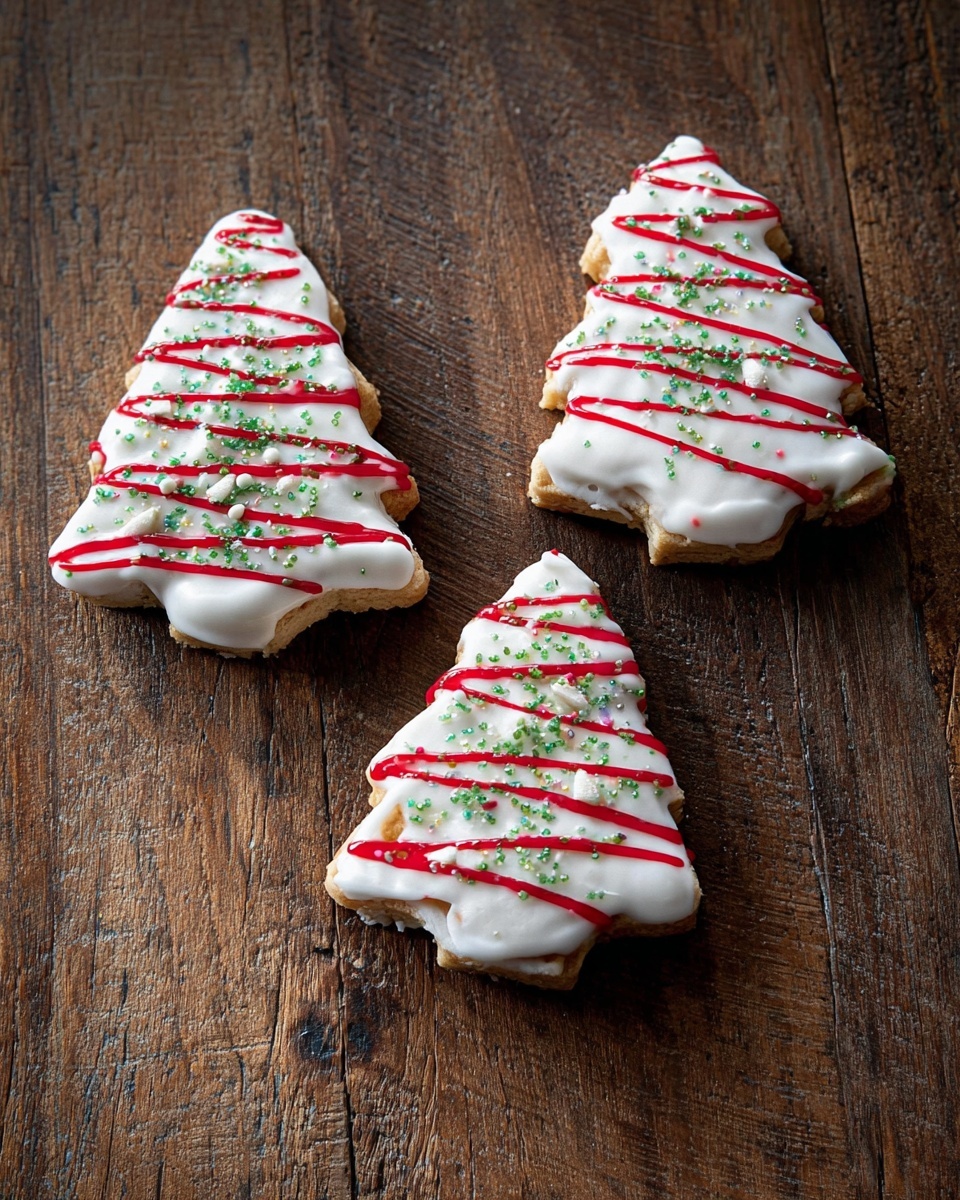 The image shows several Christmas tree-shaped treats placed on a dark wooden surface. Each treat has a base layer that looks like a light beige cookie. On top of this, there is a thick white coating evenly covering the tree shape. Green sugar sprinkles are scattered across the white layer like small dots. Over this, red icing is piped in wavy horizontal lines from the top to the bottom, adding a decorative touch that stands out sharply against the white. The arrangement is casual and spread out, with the texture of the wooden surface visible between the treats. photo taken with an iphone --ar 4:5 --v 7