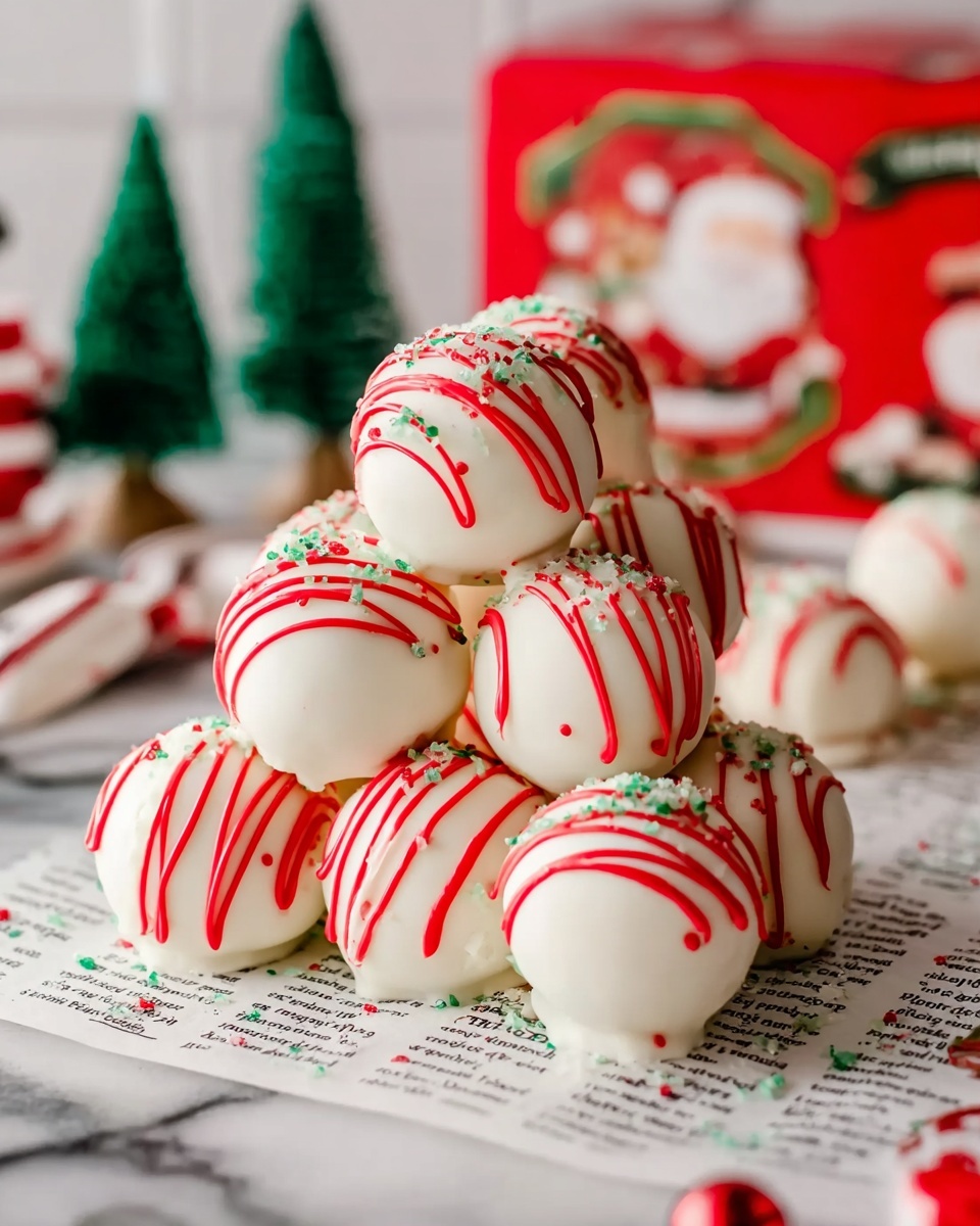 The image shows six white round treats stacked in a pyramid shape on a white plate placed on a wooden table. Each treat is covered with white icing speckled lightly with green sprinkles and decorated with smooth red icing lines drizzled over the top. Around the plate are additional similar treats, all white with red icing lines and green sprinkles, arranged casually on the table. In the background, a glass of milk and a white cloth with red stripes are softly blurred. Red and white striped straws lie in the foreground, and red and white berries on brown stems add a festive touch. The surface beneath everything has a white marbled texture. Photo taken with an iphone --ar 4:5 --v 7
