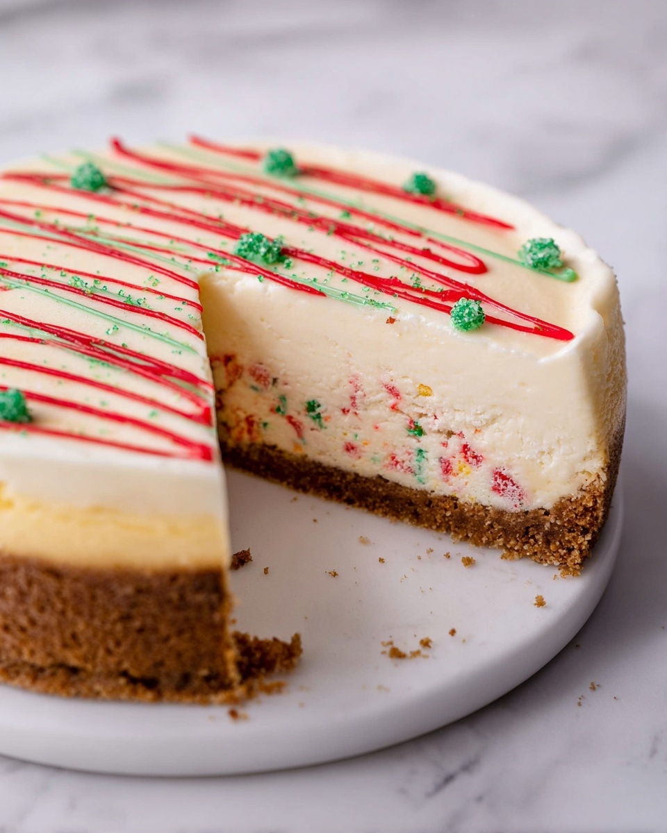 A round cheesecake with a thick brown crumb crust at the bottom is shown with a slice removed. Above the crust, there is a creamy white layer mixed with small red and green sprinkles inside, giving a festive look. The top layer is smooth and white, decorated with thin, wavy red lines of icing and small green sugar crystals scattered on top. The cheesecake is placed on a white plate with a few crumbs around it, against a white marbled surface background. photo taken with an iphone --ar 4:5 --v 7