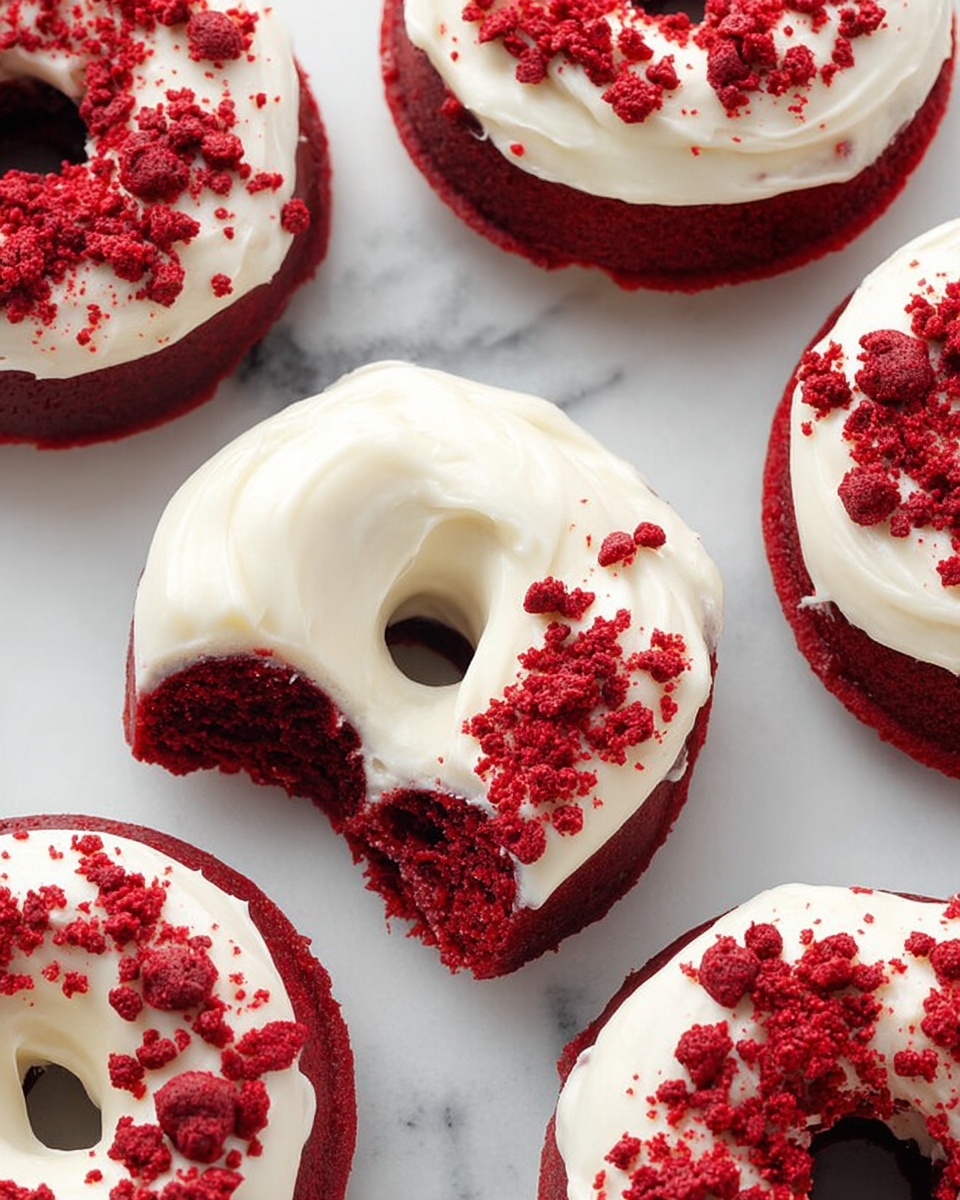 The image shows several red velvet donuts on a white marbled surface. Each donut has two layers: a deep red cake base with a soft and moist texture, and a thick layer of creamy white frosting spread smoothly on top. The frosting is topped with small red velvet cake crumbs that add a bit of rough texture. One donut in the center has a bite taken out, showing the rich red inside and the contrast between the cake and the smooth frosting. The bright red and white colors stand out clearly against the white marbled background. photo taken with an iphone --ar 4:5 --v 7