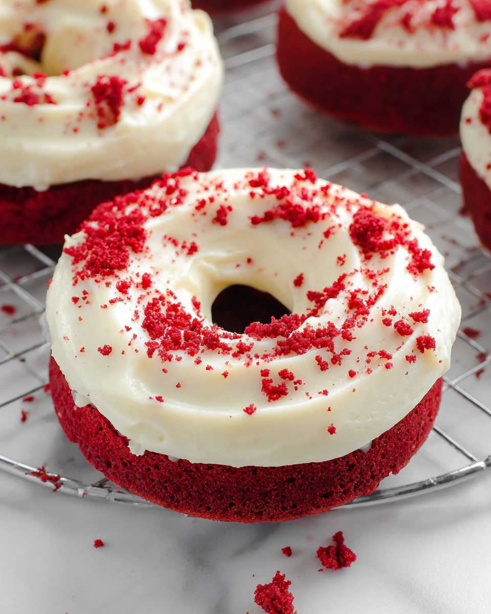 The image shows a stack of two red velvet donuts on a white marbled surface. Each donut has a deep red color and a soft texture. The top donut has a thick layer of smooth white cream cheese frosting, which is swirled in a circular pattern, with small red velvet crumbs sprinkled on top. Around the main stack, there are more red velvet donuts with the same white frosting and crumb topping, all placed on the white marbled surface. photo taken with an iphone --ar 4:5 --v 7