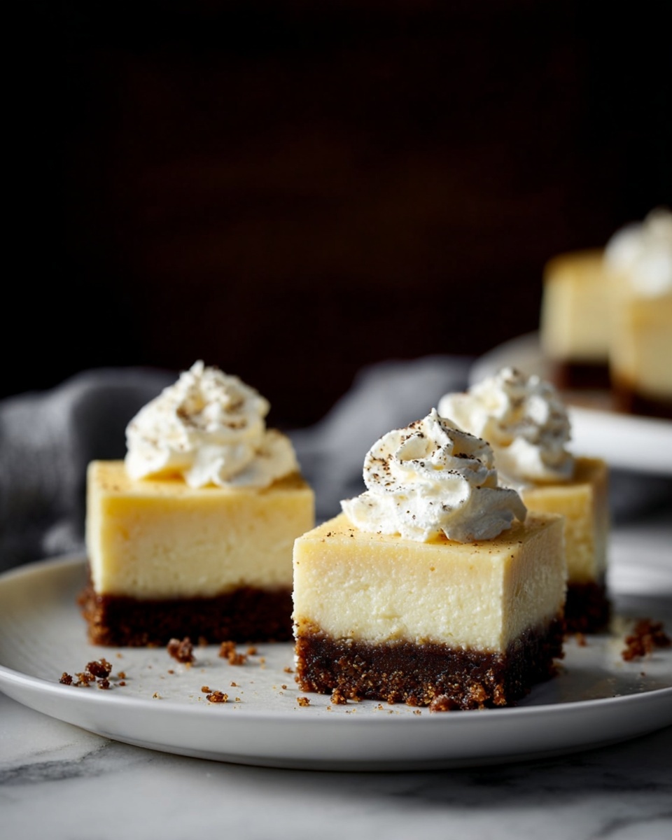 Three square pieces of light brown cheesecake with a smooth cream top layer are arranged on a large white plate with crumbs scattered around. Each cheesecake square is topped with a small swirl of white whipped cream. The cheesecake has a darker brown crumbly crust base at the bottom. In the foreground, a fork holds a single bite-sized piece showing the layered texture of the cake and crust. The plate rests on a white marbled surface with a beige cloth napkin nearby. photo taken with an iphone --ar 4:5 --v 7