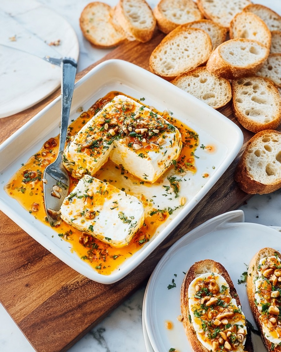 A white rectangular dish on a white marbled surface holds a block of soft white cheese covered with orange sauce, green herbs sprinkled on top, and chopped nuts scattered over. A knife rests on the dish with a slice of cheese cut partially. Around the dish, there is a wooden board filled with round slices of light brown toasted bread. A white plate on the side has two toasted bread slices topped with cheese, orange sauce, and herbs. The photo taken with an iphone --ar 4:5 --v 7