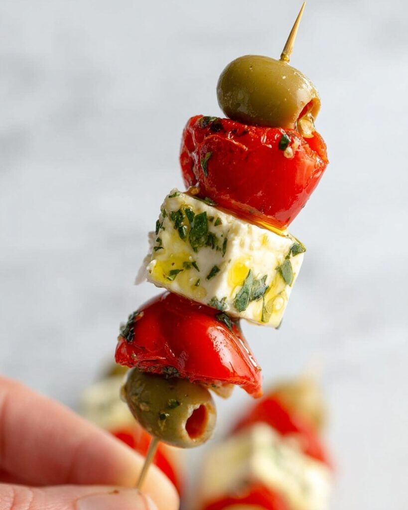 Marinated Cheese and Olive Skewers Recipe