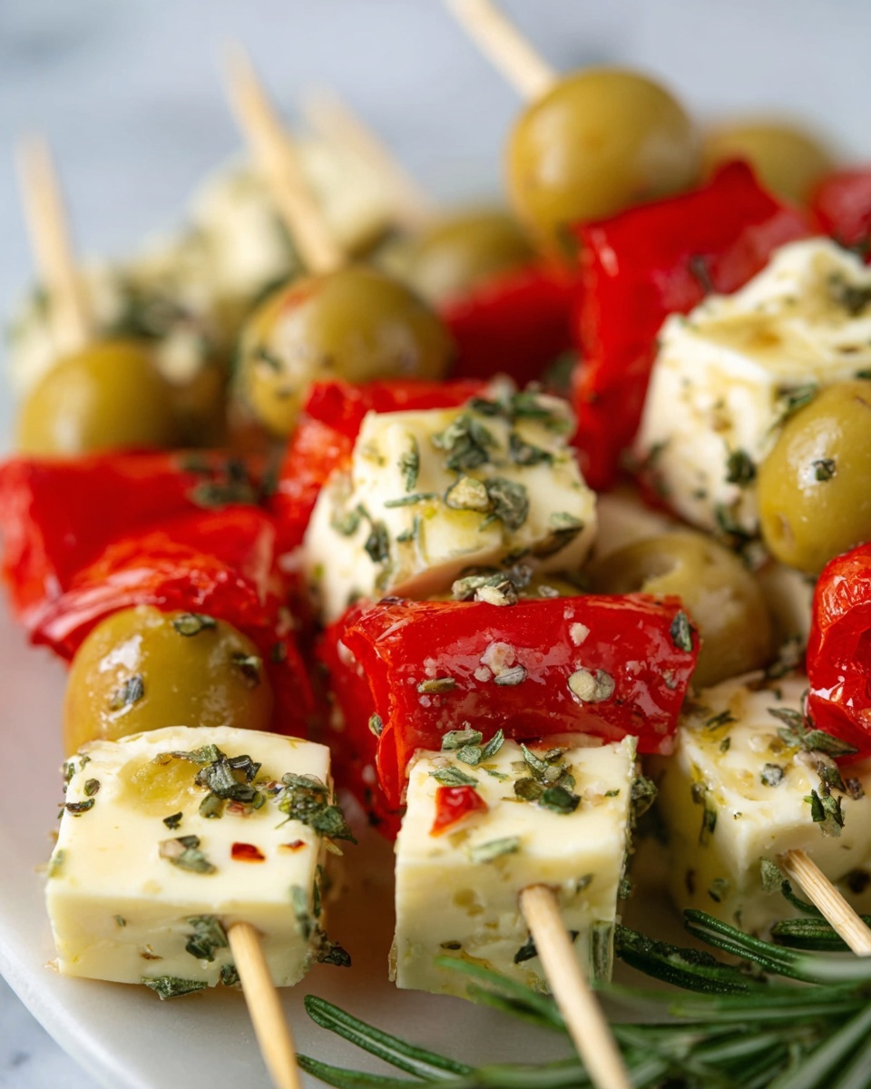 The image shows a close-up of a white plate filled with small cubes of pale yellow cheese mixed with bright red stuffed peppers and green olives skewered with tiny wooden picks. The cheese cubes have a smooth texture with herbs and small bits of green seasoning sprinkled on them. The red peppers are glossy and hollow, showing a shiny surface. Green olives are whole, shiny, and pierced with the picks, adding a round shape to the dish. Fresh green rosemary sprigs are scattered among the ingredients, adding a touch of freshness and texture. The dish is placed on a white marbled surface, giving a clean and bright background effect. Photo taken with an iphone --ar 4:5 --v 7