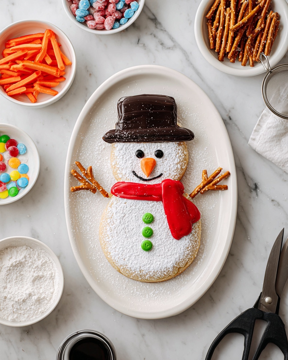 A snowman-shaped cookie sits in the center of a large white oval plate on a white marbled surface. The cookie has two stacked round layers dusted with powdered sugar to resemble snow. A smooth, shiny black hat is on top, covering the upper round layer. Two small dark chocolate dots make the eyes, and a tiny orange carrot-shaped decoration serves as the nose. A bright red licorice strip forms the scarf wrapped around the cookie's neck, with two ends hanging down. Three green candy buttons run down the middle of the lower round layer. Thin pretzel sticks extend from each side as arms, with small broken pieces as fingers. Surrounding the plate are small white bowls holding shredded orange carrot, colorful candy-coated chocolates, pretzel sticks, and powdered sugar with a sifter nearby. A pair of black scissors and a tube of black icing lie on the side. Photo taken with an iphone --ar 4:5 --v 7