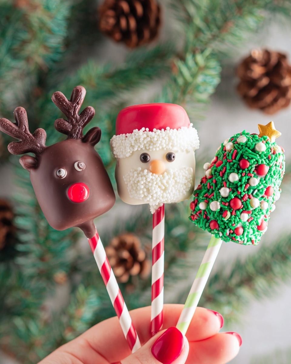 Three festive marshmallow pops are shown held by a woman's hand with red nail polish against a background of pine branches and pine cones. The first pop on the left is a reindeer design covered in smooth brown chocolate with two curved antlers on top, small black eyes, and a bright red nose. Its stick is white with red stripes. The middle pop is decorated like a Santa Claus face with a red hat layer on top, white icing and small white sprinkles for the beard, tiny black eyes, and a small red nose. It has a white stick with red stripes. The last pop on the right is a green Christmas tree shape covered in green icing and decorated with red, white, and green round sprinkles, topped with a small yellow star. Its stick is white with green stripes. Photo taken with an iphone --ar 4:5 --v 7