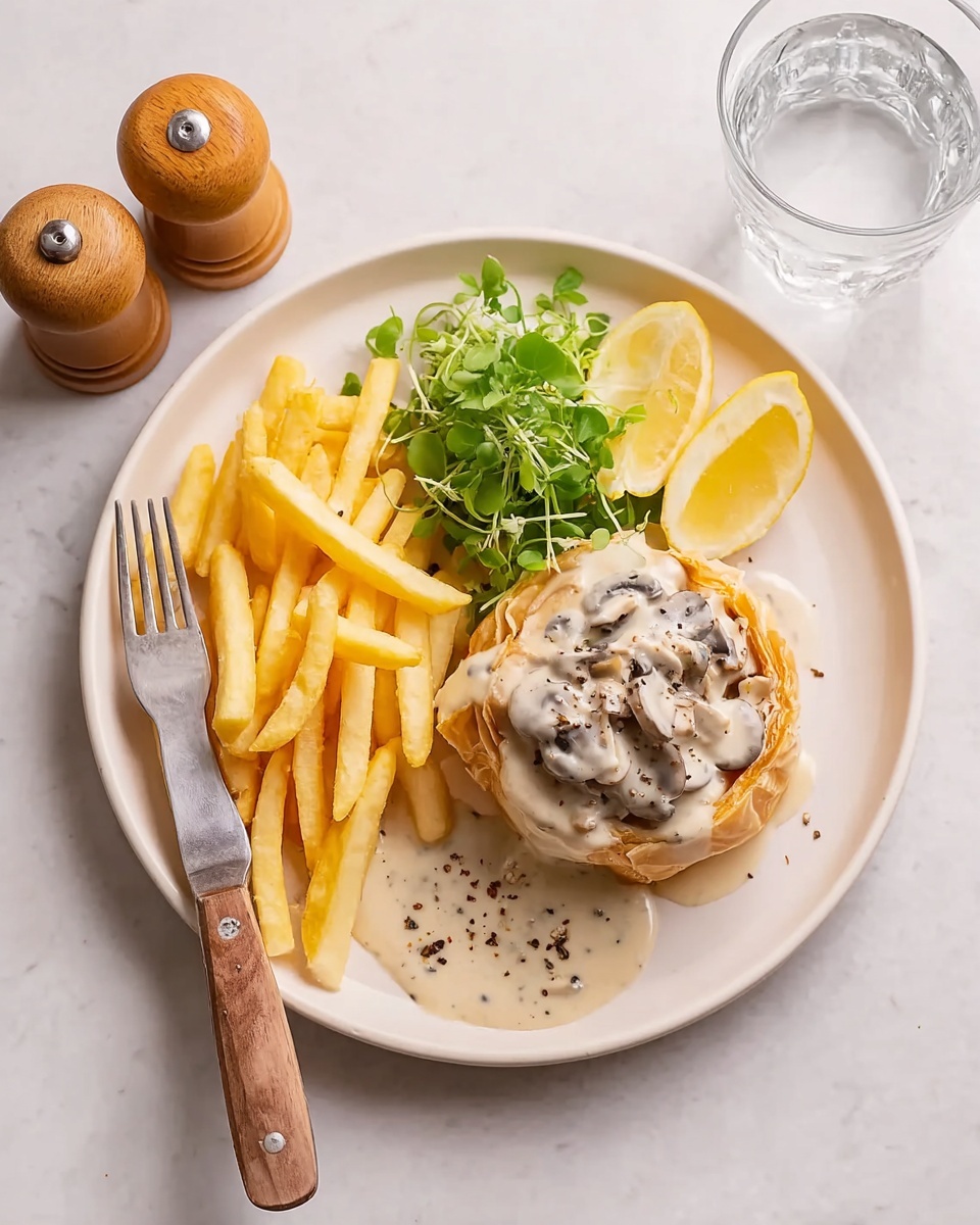A white plate on a white marbled surface holds a meal with three parts: on the left, there is a pile of golden yellow French fries; next to the fries is a small bunch of green microgreens and two lemon wedges with a pale yellow color; on the right side, there is a round puff pastry topped with creamy white sauce with mushrooms, some sauce spilling onto the plate, and sprinkled with black pepper. A silver fork with a wooden handle is placed to the left of the plate, and a glass of clear water is on the right side. There are two wooden salt and pepper shakers in the upper left corner of the image. Photo taken with an iphone --ar 4:5 --v 7