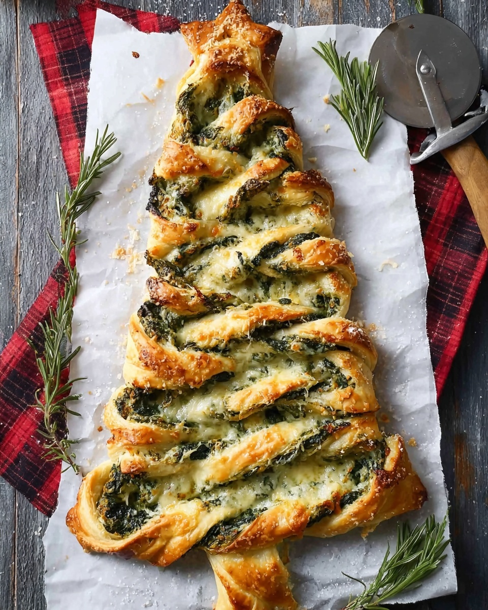 A baked dish shaped like a Christmas tree made of twisted layers of golden brown dough and dark green spinach filling, with the dough layers alternating with the filling so the green shows between the light golden layers. The tree has about five sets of twisted branches on each side around a central wide strip of dough with melted cheese, giving it a layered and textured look. It sits on white parchment paper with some rosemary sprigs and a pizza cutter near the top right corner, all placed on a dark wooden surface partially covered by a red and black checkered cloth. photo taken with an iphone --ar 4:5 --v 7