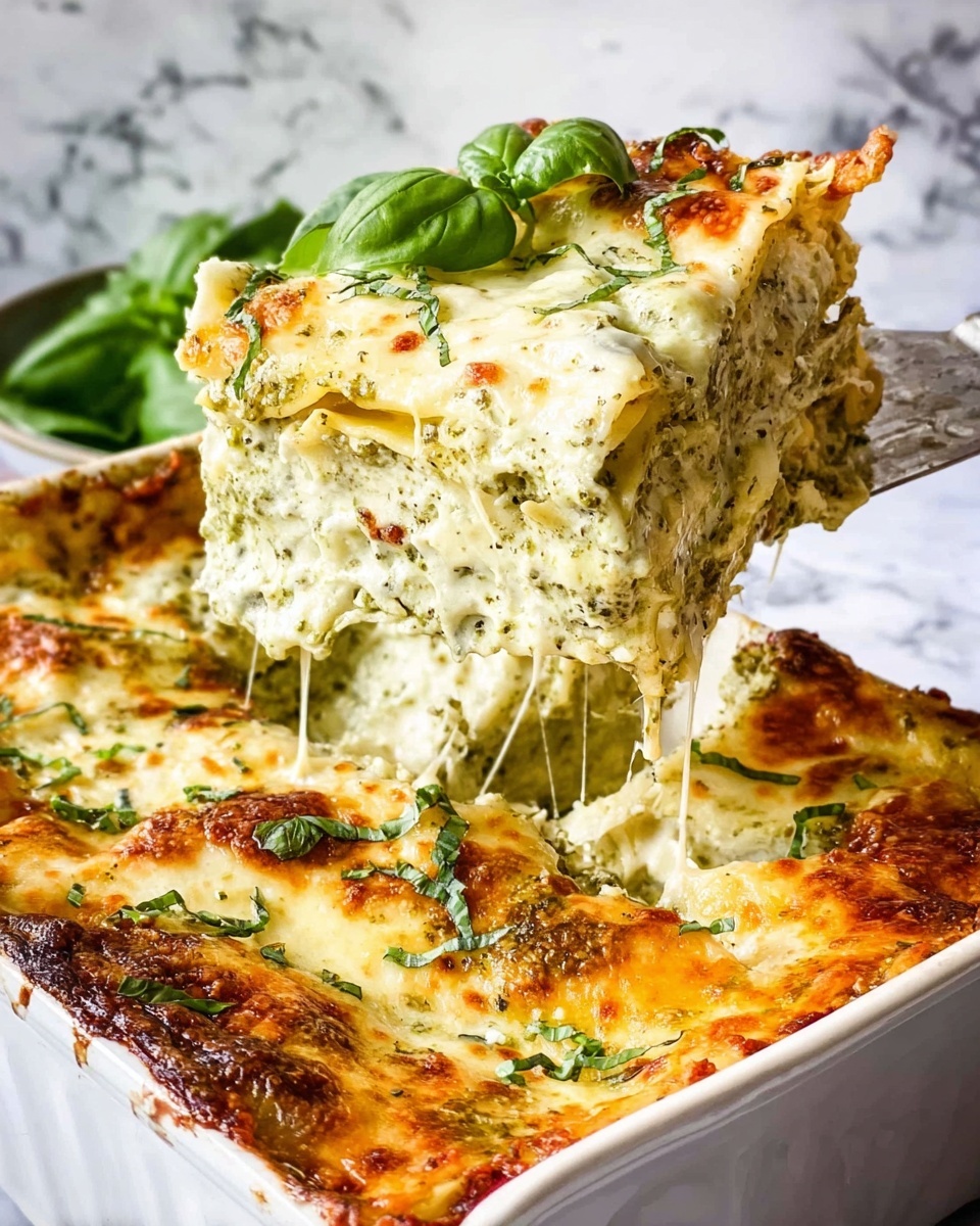 A white rectangular baking dish filled with rich, creamy pesto lasagna showing several layers. The top layer is golden melted cheese with some browned spots and sprinkled with fresh chopped green basil leaves. Below are thick layers of white and green creamy sauce mixed with herbs, balanced by sheets of pasta creating clear distinct layers. Strings of melted cheese stretch as a woman’s hand lifts a slice with a spatula. The dish is placed on a white marbled surface with some green basil in the background. photo taken with an iphone --ar 4:5 --v 7