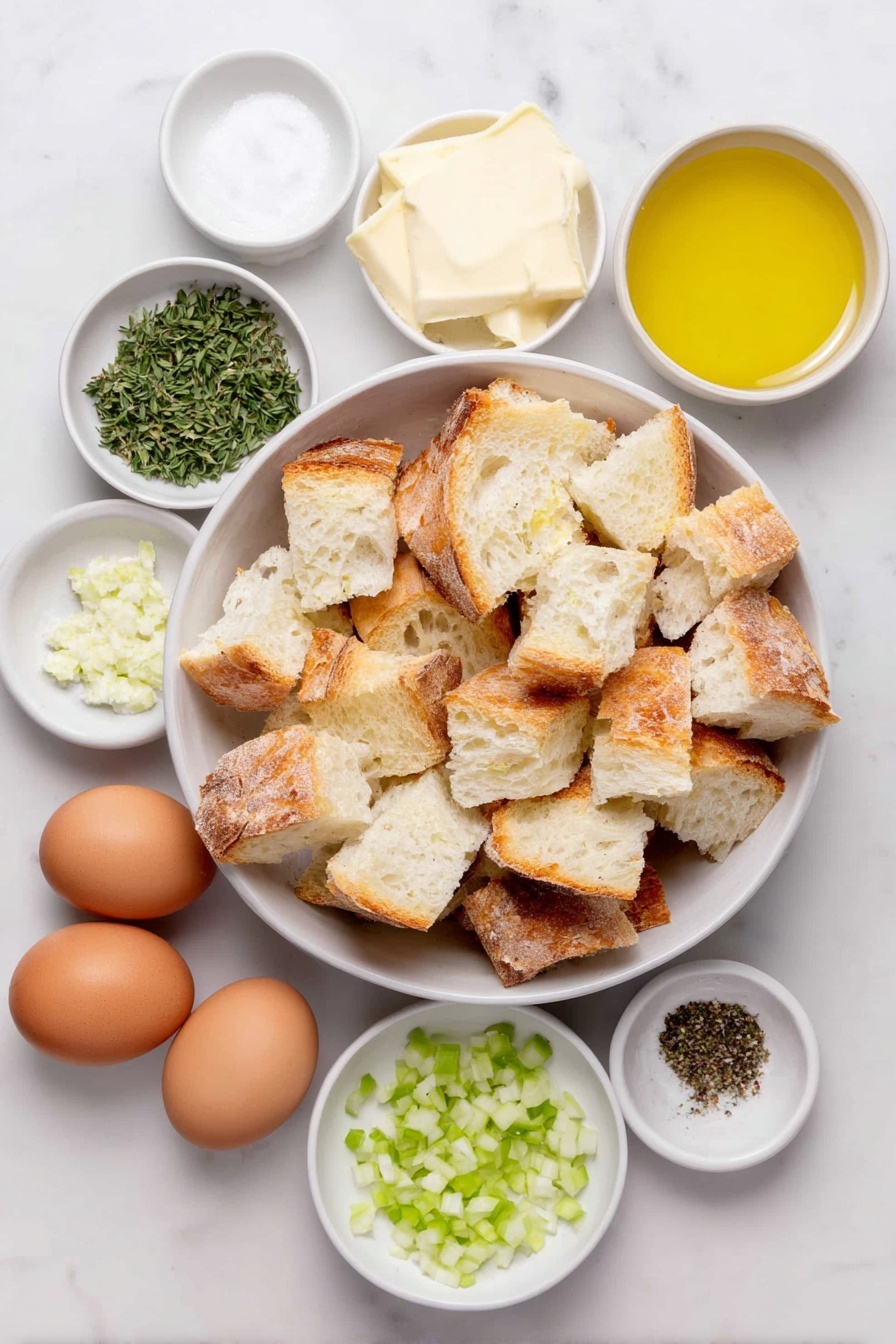 Flat lay of cubed toasted Texas toast bread piled loosely in a large white ceramic bowl, a small white ceramic bowl of melted unsalted butter, diced white onion in a neat pile, sliced celery stalks arranged in a small cluster, a small white ceramic bowl of minced fresh garlic, fresh sage leaves scattered beside minced fresh sage in a small white ceramic bowl, a small pile of minced fresh parsley, three whole brown eggs with clean shells, a small white ceramic bowl filled with golden chicken broth, a small white ceramic bowl of minced fresh thyme, a small white ceramic bowl of kosher salt crystals, a small white ceramic bowl with freshly cracked black pepper grains, all ingredients spaced evenly and symmetrically, placed on a clean white marble surface, soft natural light, photo taken with an iPhone, professional food photography style, fresh ingredients, white ceramic bowls, no bottles, no duplicates, no utensils, no packaging --ar 2:3 --v 7 --p m7354615311229779997 - Homemade Stuffing with Sage and Herbs, Christmas stuffing recipe, classic herb stuffing, easy holiday side dish, flavorful stuffing for roast