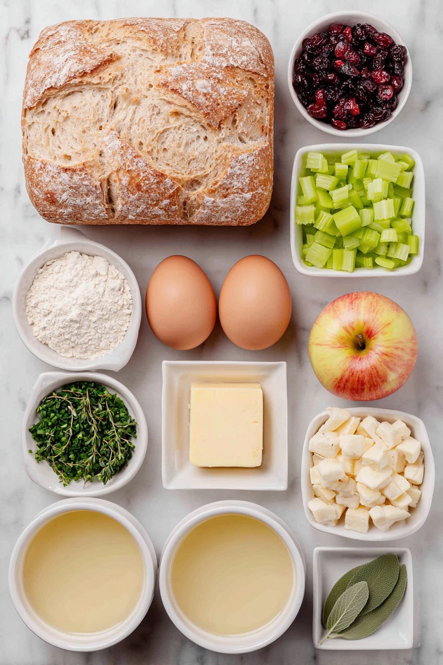 Flat lay of a small rustic loaf of artisan sourdough bread cut into cubes scattered loosely, a few bright green celery stalks diced finely, a small mound of diced yellow onion, two whole uncracked brown eggs with clean shells, a few Honeycrisp apples diced showing their red and yellow skin, a handful of glossy dried cranberries, a small pile of chopped flat leaf parsley, a small bunch of fresh thyme sprigs with tiny green leaves, a few fresh rosemary sprigs with needle-like leaves, a few fresh sage leaves finely chopped showing their soft texture, a small square pat of unsalted butter, and two small white ceramic bowls filled with pale golden chicken broth and diced butter respectively, all arranged symmetrically and naturally on a clean white marble surface, soft natural light, photo taken with an iPhone, professional food photography style, fresh ingredients, white ceramic bowls, no bottles, no duplicates, no utensils, no packaging --ar 2:3 --v 7 --p m7354615311229779997 - Cranberry Apple Stuffing, holiday stuffing with cranberries and apples, savory Thanksgiving side dish, festive apple cranberry stuffing, easy apple cranberry stuffing