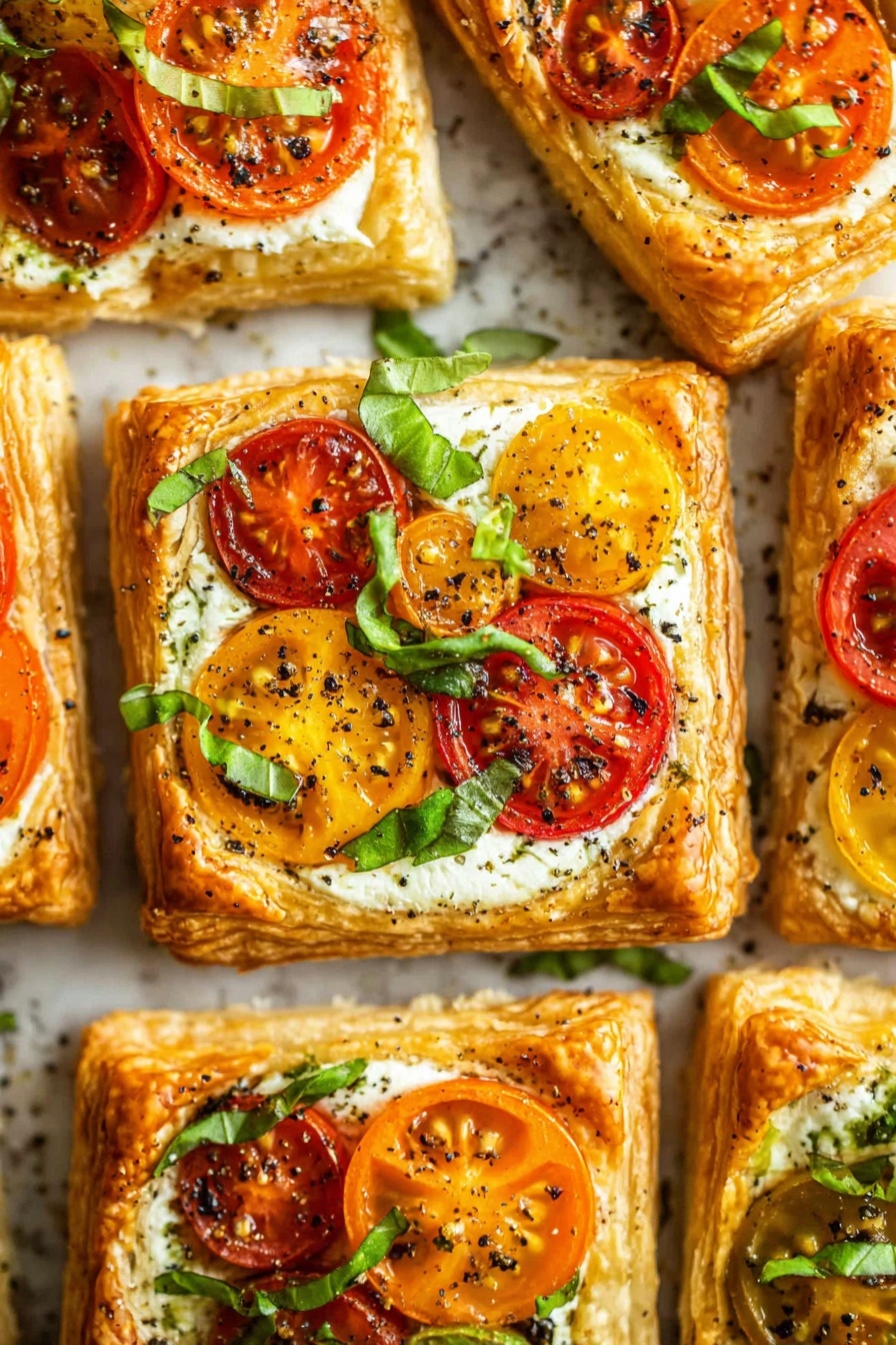 The image shows several square puff pastry tarts arranged close together on a white marbled surface. Each tart has a golden-brown, flaky crust with raised edges creating a border. Inside the border is a creamy white cheese layer that looks soft and smooth. On top, there are halved cherry tomatoes in red, orange, and yellow colors, slightly roasted with a light char, placed evenly. Thin strips of fresh green basil are scattered over the tomatoes, adding a fresh touch. The tarts are sprinkled with black pepper, adding small dark specks contrast to the bright colors. The lighting highlights the shiny, crisp texture of the puff pastry and the vibrant colors of the tomatoes. photo taken with an iphone --ar 2:3 --v 7 - Tomato Ricotta Puff Pastry Tartlets, easy appetizer recipes, quick snack ideas, savory tart recipes, party appetizer ideas