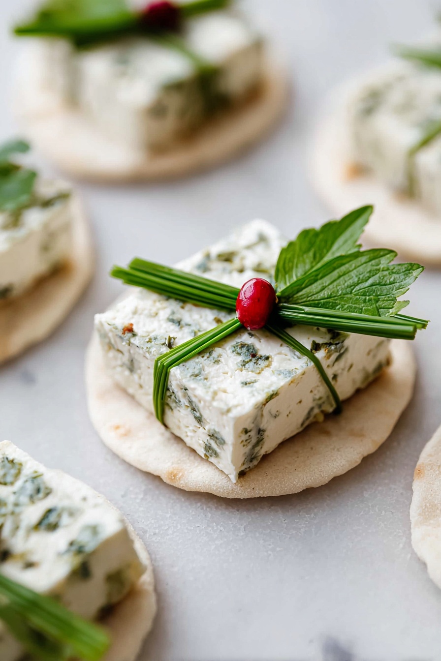 The image shows small round white flatbreads as the base, each topped with a square piece of white cheese speckled with herbs. On top of the cheese, there is a green decoration made of two chive stalks crossed like a ribbon, holding a small green leaf and a single small red berry in the center, making it look like a tiny wrapped gift. The flatbreads and cheese have soft, smooth textures, while the herbs and leaves add fresh green details. These bites are arranged on a white marbled surface in a close-up shot. photo taken with an iphone --ar 2:3 --v 7 - Festive Goat Cheese Christmas Appetizer, holiday cheese appetizer, easy Christmas party snacks, holiday appetizer ideas, festive cheese bites