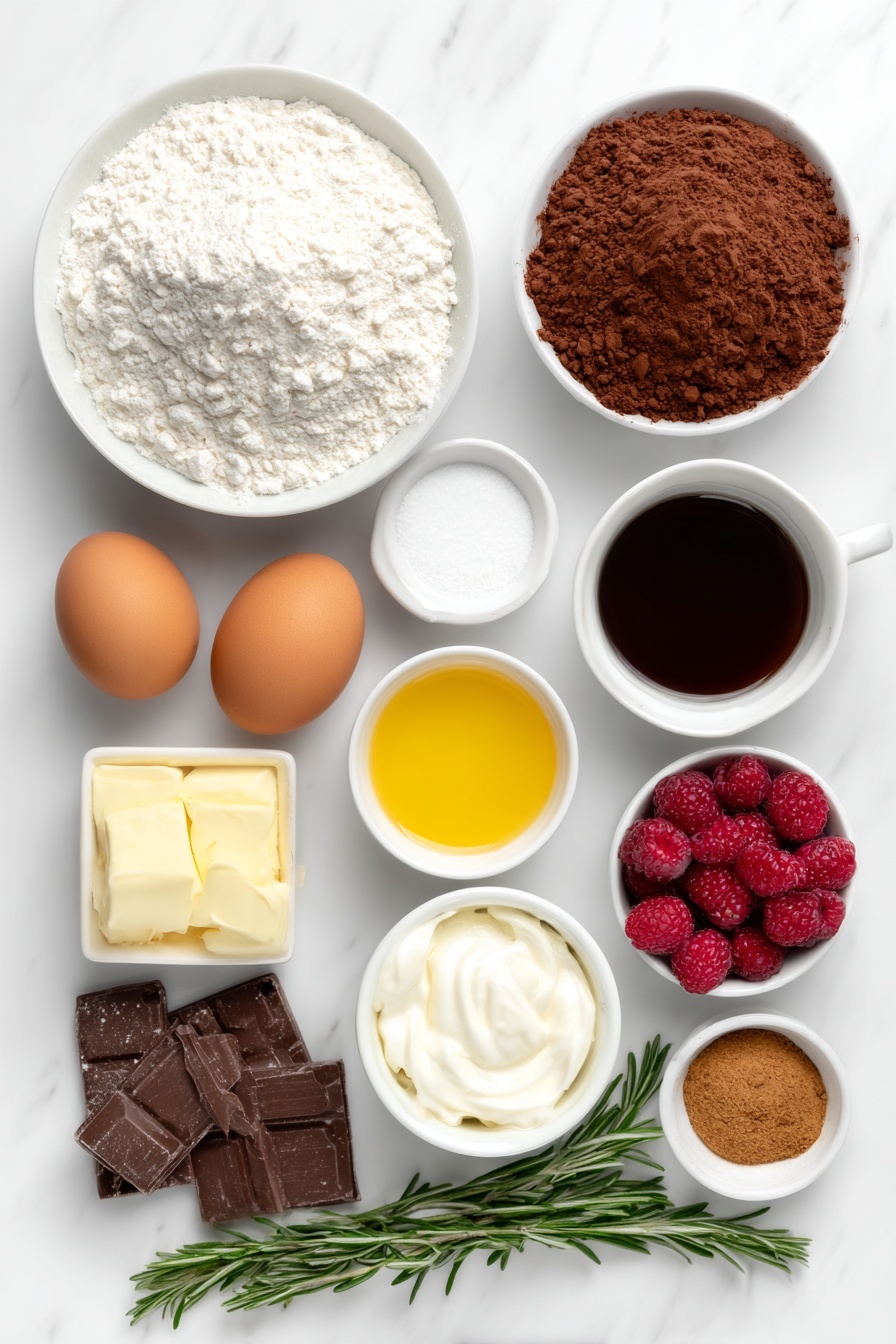 Flat lay of a small pile of all-purpose flour on a white ceramic plate, a small mound of granulated sugar in a white ceramic bowl, a heap of rich cocoa powder on a white ceramic dish, two whole brown eggs with clean shells, a small white bowl of creamy buttermilk, a small white bowl of thick sour cream, a small white bowl containing golden sunflower oil, a small white bowl of dark brewed coffee, chopped pieces of smooth milk chocolate, a sprinkle of lebkuchen spice powder on a white ceramic dish, a pinch of baking soda and baking powder on a small white bowl, a small pile of fine salt on a white ceramic dish, a handful of fresh cranberries and raspberries arranged neatly, and a few fresh rosemary stems placed symmetrically, all arranged with perfect balance and symmetry, placed on a clean white marble surface, soft natural light, photo taken with an iPhone, professional food photography style, fresh ingredients, white ceramic bowls, no bottles, no duplicates, no utensils, no packaging --ar 2:3 --v 7 --p m7354615311229779997 - Gingerbread Chocolate Bundt Cake, festive chocolate cake, easy holiday dessert, spiced chocolate cake, moist bundt cake recipe