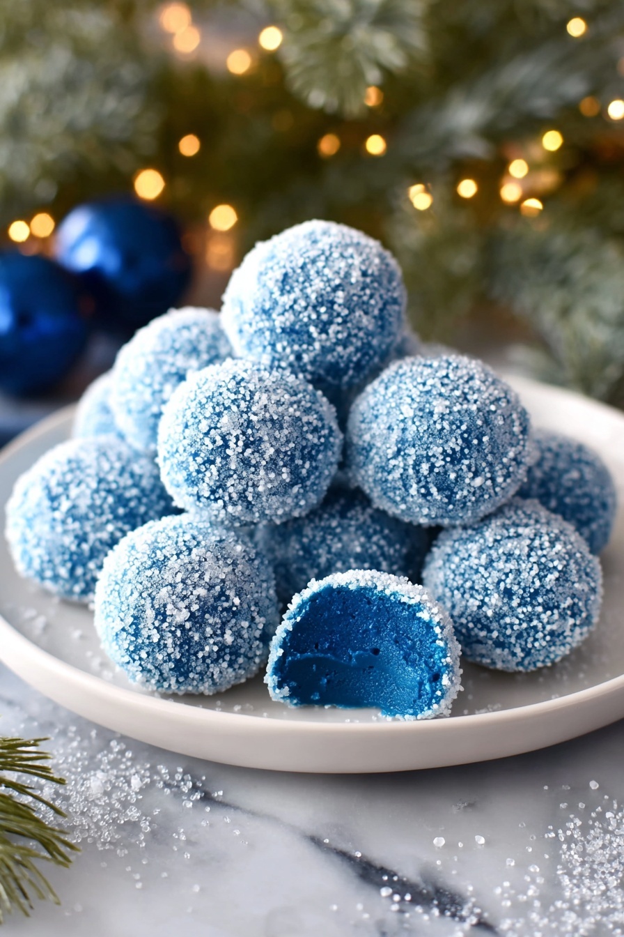 A white plate holds a pile of round blue treats covered in sparkling white sugar crystals, creating a glittery texture. One treat in the front has a bite taken out of it, showing a smooth, solid blue inside layer that matches the outer color. The plate sits on a white marbled surface with a few scattered sparkling bits around it, and the background includes blurred green pine branches and warm lights creating a cozy feel. Photo taken with an iphone --ar 2:3 --v 7 - Blue Curacao White Chocolate Truffles, tropical chocolate truffles, easy white chocolate desserts, homemade liquor-infused truffles, colorful party treats