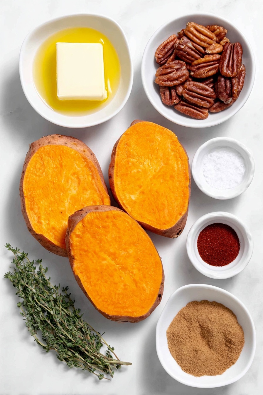 Flat lay of two large sweet potatoes sliced into thick rounds with bright orange flesh, a small white ceramic bowl of golden melted butter, a small white ceramic bowl filled with warm brown cinnamon powder, a small white ceramic bowl containing coarse salt crystals, a small white ceramic bowl with deep red paprika powder, a small white ceramic bowl of freshly ground black pepper, a small white ceramic bowl holding amber maple syrup, a small white ceramic bowl of chopped pecans with their natural brown shells and texture, and a few fresh green thyme sprigs arranged neatly, all placed on a clean white marble surface, soft natural light, photo taken with an iPhone, professional food photography style, fresh ingredients, white ceramic bowls, no bottles, no duplicates, no utensils, no packaging --ar 2:3 --v 7 --p m7354615311229779997 - Maple Pecan Roasted Sweet Potatoes, roasted sweet potato side dish, maple pecan sweet potato recipe, holiday sweet potato recipes, easy roasted sweet potatoes