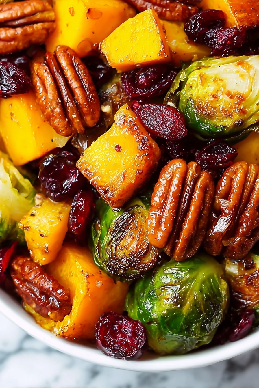 The image shows a close-up of roasted vegetables and nuts in a white bowl. There are bright yellow-orange chunks with a soft texture, roasted green Brussels sprouts with dark brown charred spots, glossy pecans with a smooth ridged surface, and shiny dark red dried cranberries scattered throughout. The colors are warm and rich with a mix of textures from soft to crunchy. The dish looks moist and well-seasoned. The background is a white marbled texture. photo taken with an iphone --ar 2:3 --v 7 - Roasted Brussels Sprouts and Butternut Squash Salad, fall vegetable salad, healthy roasted veggie salad, easy fall side dish, caramelized squash and Brussels sprouts