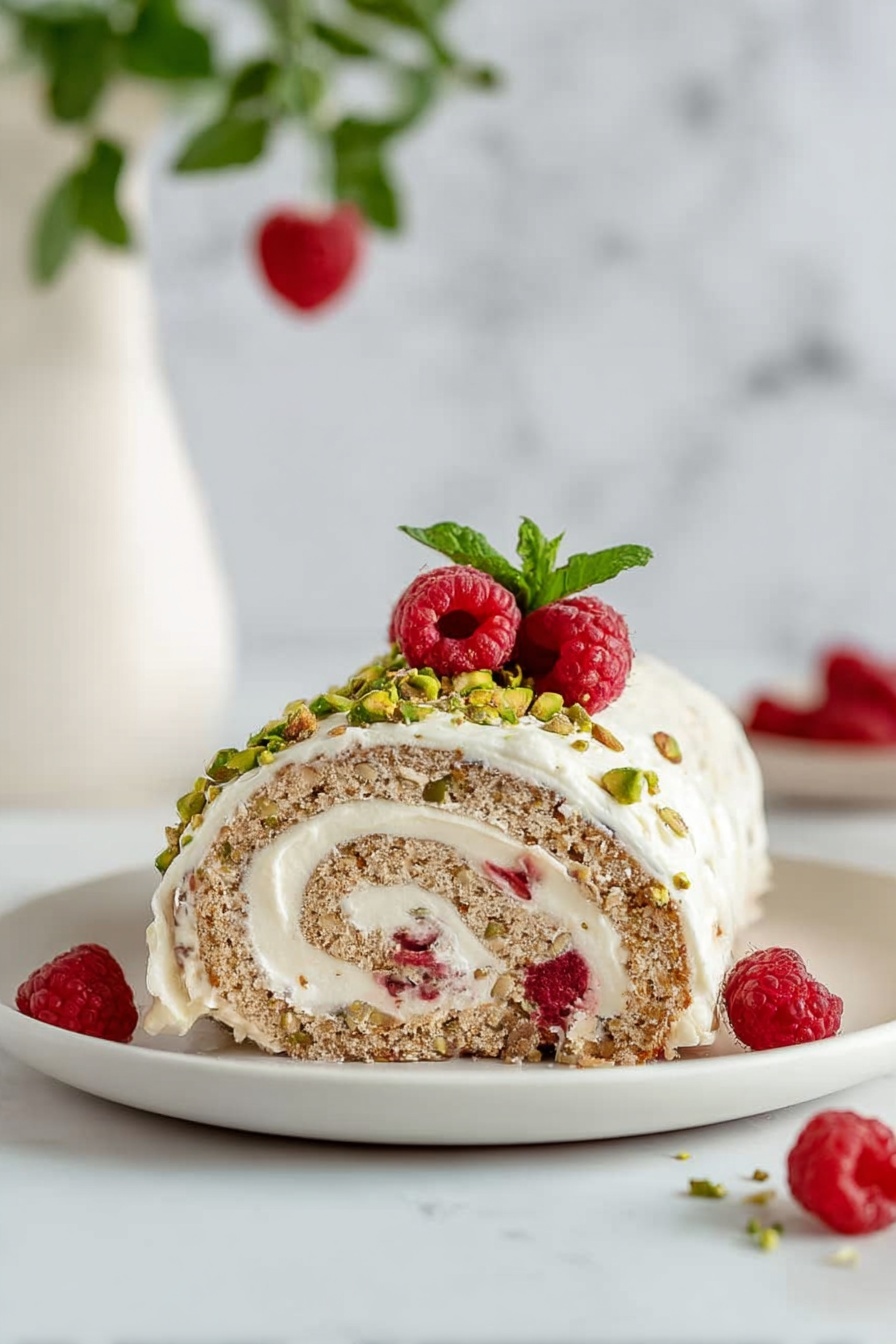 A single slice of a rolled cake is shown on a white plate, featuring two main layers: a light brown cake layer with visible bits of nuts or seeds, and a thick white cream filling spiraled inside. Small red fruit pieces, likely raspberries, are embedded within the cream filling. The outside of the roll is coated in white cream and topped with chopped green pistachios, two fresh raspberries, and a small green mint leaf. The background is softly blurred with a white marbled surface and a white vase containing green leaves and a single hanging raspberry. A few loose raspberries are scattered near the plate. Photo taken with an iphone --ar 2:3 --v 7 - Christmas Raspberry Pistachio Roulade, holiday roulade dessert, festive raspberry pistachio cake, Christmas cake recipes, pistachio raspberry roulade