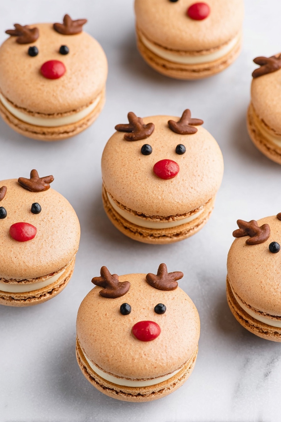 The image shows several light brown macarons arranged on a white marbled surface. Each macaron has two smooth, round shells with a creamy filling in between, matching in light brown color. On the top shell of each macaron, there are simple reindeer faces made with small black dots for eyes, a bright red dot for a nose, and two brown antlers drawn above the eyes. The macarons are evenly spaced, some lying flat and others slightly tilted, showing the thickness and texture of the filling in the middle. photo taken with an iphone --ar 2:3 --v 7 - Christmas Reindeer Macarons, festive holiday macarons, reindeer Christmas treats, holiday macarons recipe, Christmas dessert ideas