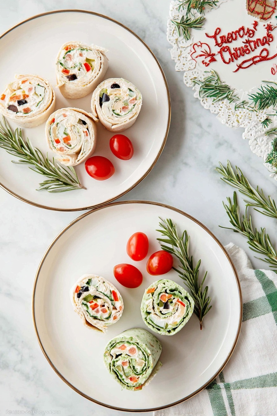 Two white plates with thin gold rims sit on a white marbled surface. Each plate holds five pinwheel sandwiches with two types of wraps—light beige and green spinach. The beige wraps have a creamy white filling with visible small pieces of black olives and red bell peppers, while the green wraps have a similar creamy filling with red bell peppers and other finely chopped vegetables. Each plate also includes two small bright red grape tomatoes. Beside the plates, fresh green rosemary sprigs lie on the white marbled surface next to a festive Christmas decoration with red and green text. A white napkin with green stripes is partially visible on the right side of the image. photo taken with an iphone --ar 2:3 --v 7 - Festive Christmas Tree Pinwheel Appetizer, holiday appetizer ideas, Christmas party snacks, Christmas tree shaped appetizers, easy holiday finger foods