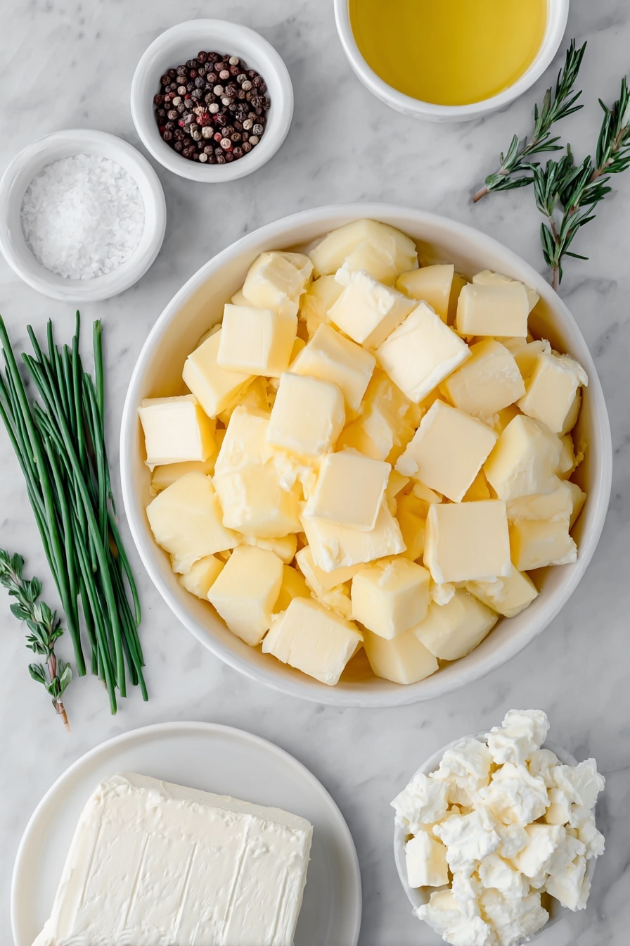 Flat lay of peeled and cubed russet potatoes in a simple white ceramic bowl, a few small cubes of cold salted butter scattered neatly, a small white ceramic bowl filled with melted butter, cubed cream cheese on a white plate, a small white bowl containing half and half, a small white bowl with coarse salt, a small white bowl with whole black peppercorns, and a few fresh green chive sprigs placed elegantly beside the ingredients, all arranged symmetrically and balanced, placed on a clean white marble surface, soft natural light, photo taken with an iPhone, professional food photography style, fresh ingredients, white ceramic bowls, no bottles, no duplicates, no utensils, no packaging --ar 2:3 --v 7 --p m7354615311229779997 - Creamy Baked Mashed Potatoes, creamy mashed potatoes, baked mashed potatoes, cheesy mashed potatoes, holiday comfort food