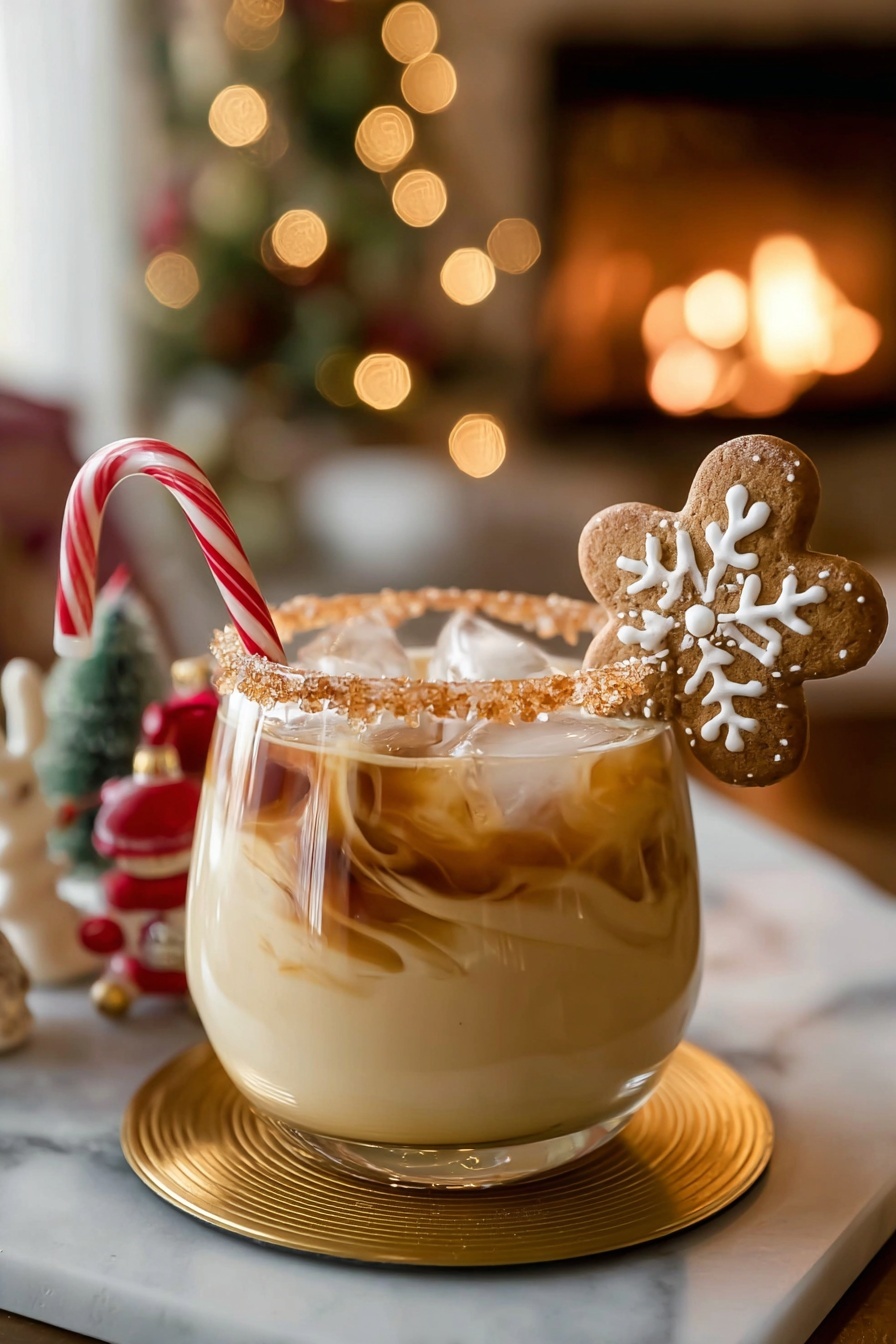 A short round glass filled with a creamy light beige drink with swirls of dark brown mixing in the middle and ice cubes floating at the top, the rim of the glass coated in sugar crystals that look light brown, a gingerbread cookie shaped like a flower decorated with white icing resting on the rim, and a small red and white striped candy cane sticking out beside it; in the background, small blurred Christmas decorations and a warm glowing fire add a cozy feeling, all placed on a shiny gold coaster over a white marbled surface. photo taken with an iphone --ar 2:3 --v 7 - Gingerbread White Russian Cocktail, holiday gingerbread cocktails, festive holiday drinks, winter cocktail recipes, creamy gingerbread drinks