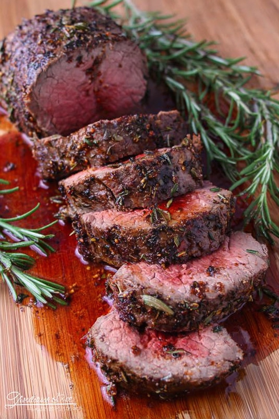 The image shows a wooden cutting board with a piece of cooked beef roast, sliced into six thick pieces. The outer edges of the beef are dark brown and seasoned with herbs, while the inside is a bright pinkish-red color, indicating it is cooked medium rare. The beef is surrounded by fresh sprigs of rosemary, and there is a pool of reddish-brown juices around the meat, adding shine and moisture to the scene. The cutting board has a warm, natural wood grain texture that contrasts with the vibrant meat and green herbs. photo taken with an iphone --ar 2:3 --v 7 - Oven-Roasted Beef Tenderloin with Garlic Butter, beef tenderloin main dish, elegant beef roast recipe, holiday beef centerpiece, juicy beef tenderloin