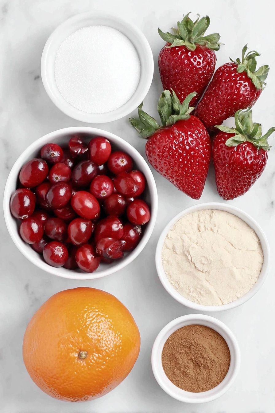 Flat lay of fresh bright red cranberries scattered in a small pile, ripe whole strawberries with green leaves attached, a small white ceramic bowl filled with fine white granulated sugar, another small white ceramic bowl with soft light brown sugar, a small white ceramic bowl containing warm reddish-brown ground allspice powder, a small white ceramic bowl with medium brown ground cinnamon powder, a small white ceramic bowl holding pale beige ground ginger powder, and one whole fresh orange displaying bright orange skin alongside a few thin orange zest strips artistically arranged, all placed on a clean white marble surface, soft natural light, photo taken with an iPhone, professional food photography style, fresh ingredients, white ceramic bowls, no bottles, no duplicates, no utensils, no packaging --ar 2:3 --v 7 --p m7354615311229779997 - Easy Cranberry Strawberry Crockpot Jam, homemade cranberry strawberry jam, crockpot fruit preserves, holiday jam recipes, simple fruit jam recipe