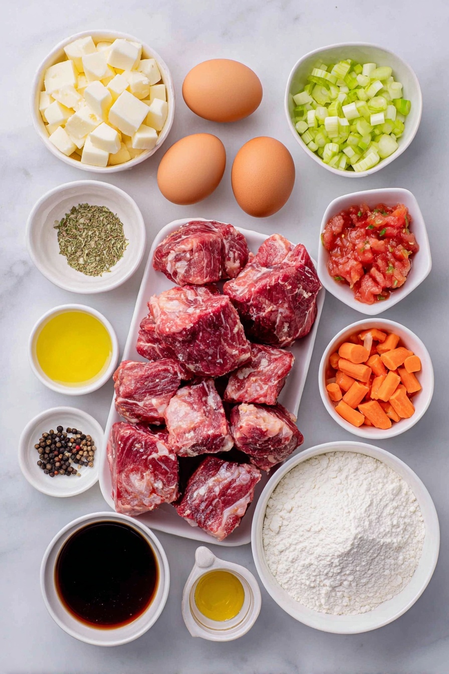Flat lay of raw venison stew meat chunks, a small white bowl of all-purpose flour, two whole brown eggs with clean shells, a small white bowl of coarse salt, a small white bowl of black peppercorns, a small white bowl of golden avocado oil, quartered baby gold potatoes, diced large orange carrots, diced green celery stalks, diced white onion, whole garlic cloves unpeeled, a small white bowl of mixed dried Herbs de Provence, drained diced fresh red tomatoes in a small white bowl, a small white bowl of rich brown beef broth, a small white bowl of deep red dry red wine, a small white bowl of dark Worcestershire sauce, a small white bowl of fine white cornstarch placed on a clean white marble surface, soft natural light, photo taken with an iPhone, professional food photography style, fresh ingredients, white ceramic bowls, no bottles, no duplicates, no utensils, no packaging --ar 2:3 --v 7 --p m7354615311229779997 - Slow Cooker Venison Stew, venison stew recipe, hearty venison stew, easy slow cooker venison, winter comfort food