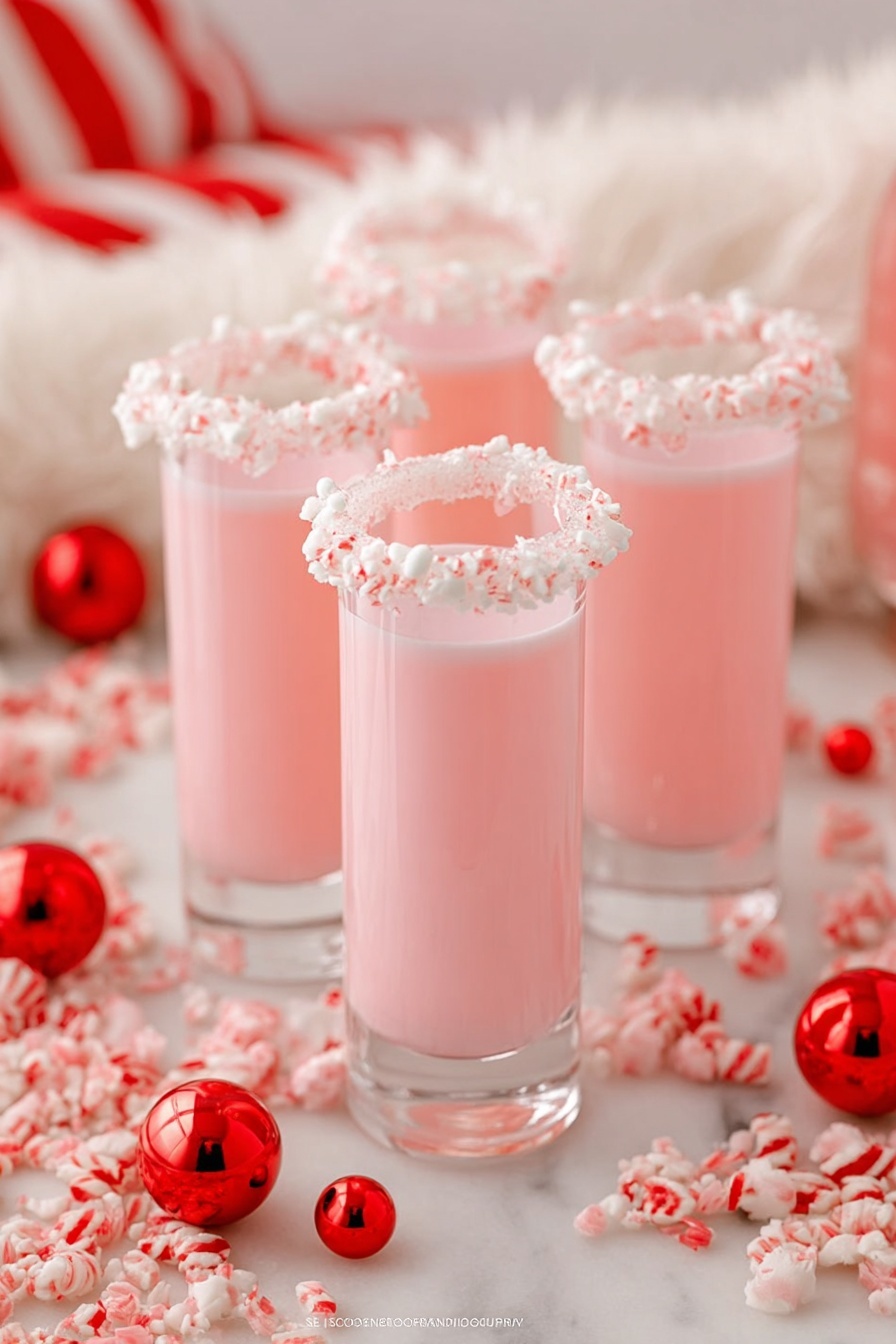 The image shows four tall clear glasses filled with a smooth, light pink drink. Each glass has a thick rim coated with white whipped cream and small white candy pieces around the edge. The glasses stand on a white marbled surface scattered with red and white peppermint candies and small shiny red balls, creating a festive look. In the background, there is a soft white fur cloth and some blurred red and white striped fabric. The scene is bright and colorful, giving a warm holiday feel photo taken with an iphone --ar 2:3 --v 7 - Candy Cane Vodka Shots, festive holiday drink, peppermint vodka shot, holiday cocktail recipe, Christmas party shots
