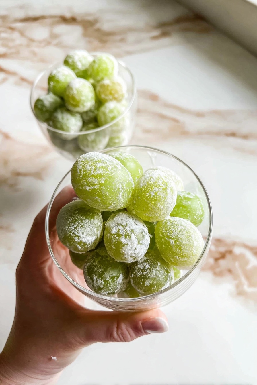 A close-up image shows a clear glass filled with green grapes covered in a white sugary coating. The glass is held by a woman's hand from below, with the grapes piled loosely inside. In the background, another similar glass sits slightly out of focus, also filled with these grapes. The scene is set on a white marbled surface with beige and light brown patterns. The light is soft, creating gentle highlights on the grapes and glass edges. Photo taken with an iphone --ar 2:3 --v 7 - Prosecco-Marinated Green Grape Bites, green grape appetizer, sparkling grape snacks, elegant fruit bites, cocktail party hors d'oeuvres
