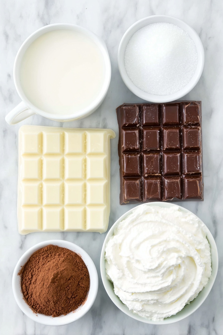 Flat lay of whole milk in a small white ceramic bowl, granulated sugar in a small white ceramic bowl, unsweetened cocoa powder in a small white ceramic bowl, a bar of bittersweet chocolate broken into large pieces, a small white ceramic bowl with pure vanilla extract, and a small white ceramic bowl of freshly whipped cream, placed on a clean white marble surface, soft natural light, photo taken with an iPhone, professional food photography style, fresh ingredients, white ceramic bowls, no bottles, no duplicates, no utensils, no packaging --ar 2:3 --v 7 --p m7354615311229779997 - Homemade Hot Chocolate, Ultimate Homemade Hot Chocolate, Cozy Hot Chocolate Recipe, Rich Hot Chocolate Drink, Easy Hot Chocolate