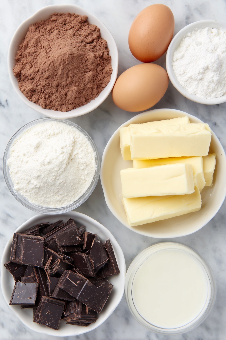 Flat lay of a small white ceramic bowl of fine Dutch-process cocoa powder, a small white ceramic bowl of powdered sugar, a small white ceramic bowl of cornstarch, two whole brown eggs with clean shells, a small white ceramic bowl of heavy cream, a small white ceramic bowl of whole milk, a pile of chopped dark chocolate (70% cocoa), a small mound of dark chocolate shavings (70% cocoa), placed on a clean white marble surface, soft natural light, photo taken with an iPhone, professional food photography style, fresh ingredients, white ceramic bowls, no bottles, no duplicates, no utensils, no packaging --ar 2:3 --v 7 --p m7354615311229779997 - European Hot Chocolate, rich European hot chocolate, indulgent hot chocolate, velvety hot chocolate recipe, decadent hot cocoa
