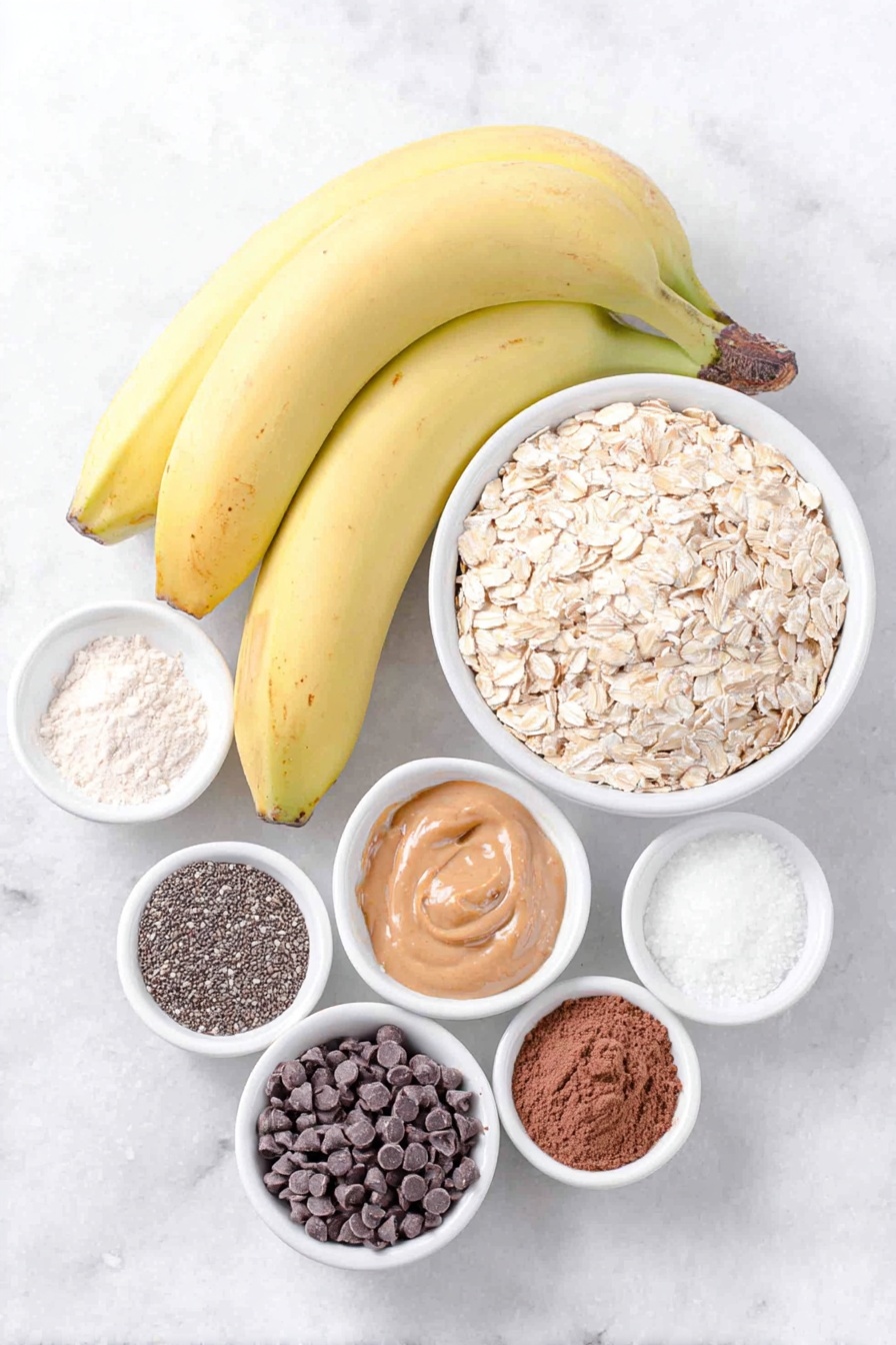 Flat lay of two very ripe medium bananas, a small white bowl of old-fashioned rolled oats, a small white bowl of unsweetened cocoa powder, a small white bowl of chia seeds, a small white bowl of espresso powder, a small white bowl of baking powder, a small white bowl of kosher salt, a small white bowl of unsweetened almond milk, a small white bowl of creamy peanut butter, a small white bowl of pure maple syrup, a small white bowl of vanilla extract, a small white bowl of vegan semi-sweet chocolate chips, a few flakes of sea salt scattered nearby, all arranged in perfect symmetry on a clean white marble surface, soft natural light, photo taken with an iPhone, professional food photography style, fresh ingredients, white ceramic bowls, no bottles, no duplicates, no utensils, no packaging --ar 2:3 --v 7 --p m7354615311229779997 - Chocolate Banana Baked Oatmeal, healthy baked oatmeal with chocolate and bananas, easy breakfast ideas, nutritious chocolate banana oats, wholesome breakfast recipes