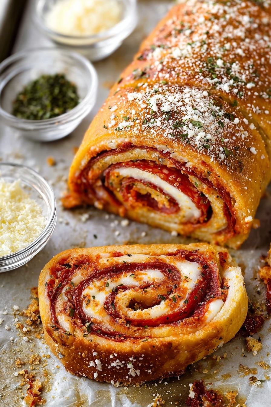 The image shows a sliced, golden-brown roll with a crispy outer layer sprinkled with white grated cheese and green herbs. Inside, there are multiple thin layers of melted white cheese and dark red pepperoni stacked tightly in a spiral pattern. The roll and slices rest on a baking sheet with a white marbled texture underneath, and small clear bowls of grated cheese and green herbs are visible to the side. The roll has a shiny, slightly oily surface with some darker baked spots near the edges. photo taken with an iphone --ar 2:3 --v 7 - Cheesy Pepperoni Rolls, easy pepperoni appetizer, cheesy snack recipes, party appetizer ideas, savory Italian snacks