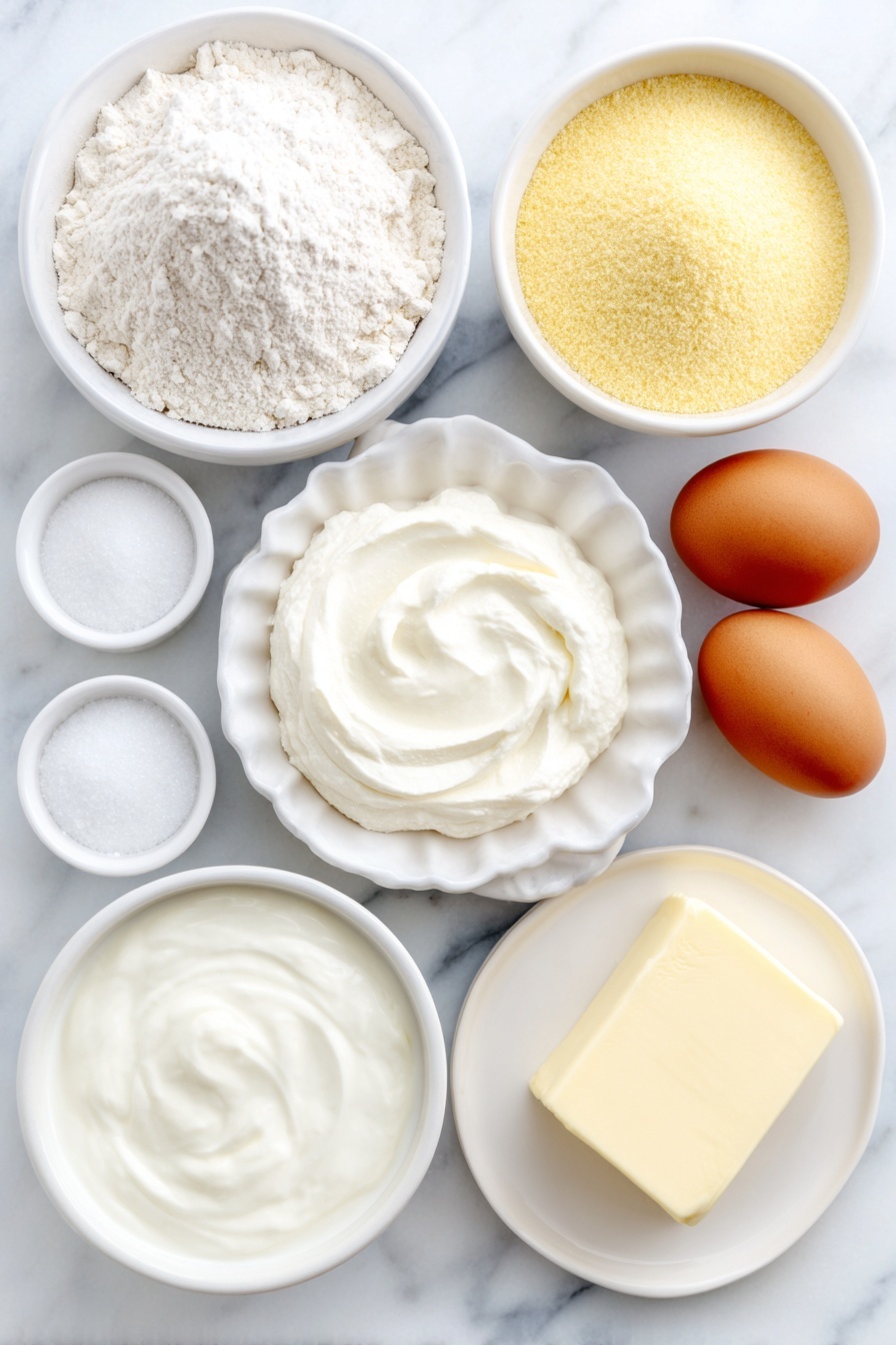 Flat lay of a small mound of all-purpose flour, a small mound of golden cornmeal, two white ceramic bowls containing granulated sugar and baking powder respectively, a small white ceramic bowl with baking soda, a pinch of kosher salt displayed as a small pile, a small white ceramic bowl filled with creamy plain yogurt, two whole brown eggs with clean shells, a small white ceramic bowl holding melted unsalted butter, a small white ceramic bowl of whole milk, and a small pat of salted butter on a white ceramic plate, placed on a clean white marble surface, soft natural light, photo taken with an iPhone, professional food photography style, fresh ingredients, white ceramic bowls, no bottles, no duplicates, no utensils, no packaging --ar 2:3 --v 7 --p m7354615311229779997 - Fluffy Yogurt Pancakes, easy pancake recipes, breakfast ideas, light and airy pancakes, homemade pancake recipes