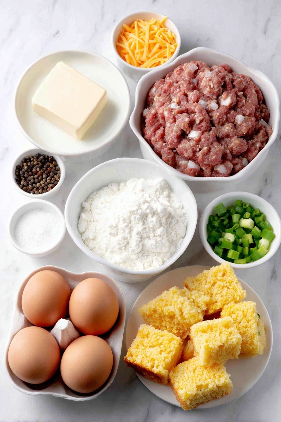 Flat lay of a few pats of soft butter at room temperature, half a chopped white onion, raw bulk sausage in loose chunks, chopped red and green bell pepper pieces, a small white bowl of fresh milk, five whole clean brown eggs, a small white bowl with coarse salt, a small white bowl with black peppercorns, a small white bowl of garlic powder, large crumbles of golden cornbread, a few chopped green onions, a small mound of shredded cheddar cheese all arranged symmetrically on simple white ceramic bowls and plates, placed on a clean white marble surface, soft natural light, photo taken with an iPhone, professional food photography style, fresh ingredients, white ceramic bowls, no bottles, no duplicates, no utensils, no packaging --ar 2:3 --v 7 --p m7354615311229779997 - Leftover Cornbread Breakfast Casserole, leftovers cornbread breakfast ideas, easy cornbread casserole recipe, savory breakfast casserole with cornbread, cornbread breakfast bake