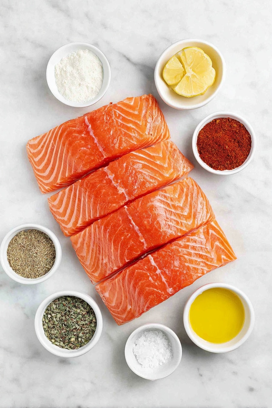 Flat lay of four fresh pink salmon fillets with smooth skin, a small white ceramic bowl of fine onion powder, a small white ceramic bowl of garlic powder, a small white ceramic bowl of mixed Italian seasoning herbs, a small white ceramic bowl of bright red paprika powder, a small white ceramic bowl of coarse kosher salt, a small white ceramic bowl of cracked black pepper, a small white ceramic bowl filled with golden olive oil, and a small white ceramic bowl containing fresh yellow lemon juice, all arranged in perfect symmetry on a clean white marble surface, soft natural light, photo taken with an iPhone, professional food photography style, fresh ingredients, white ceramic bowls, no bottles, no duplicates, no utensils, no packaging --ar 2:3 --v 7 --p m7354615311229779997 - Baked Salmon with Garlic and Lemon, baked salmon recipe, easy fish dinner, healthy baked salmon, lemon garlic salmon