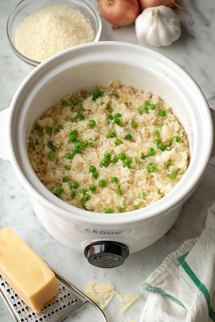 A white rice cooker filled with light yellow, creamy rice mixed with bright green peas evenly spread through the top, showing a soft and slightly sticky texture. The rice cooker has white handles on sides and a small control switch on the front with labels 