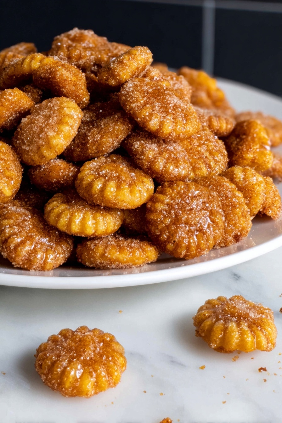 The image shows a white plate filled with many small, round snack pieces that are golden brown in color and covered with a rough texture of sugar and cinnamon coating. Some snack pieces are placed in front of the plate, lying on a white marble surface. The snack pieces have ridged edges and a shiny, slightly crunchy look with the sugar crystals clearly visible on the surface. The background is dark with a subtle tiled pattern. Photo taken with an iphone --ar 2:3 --v 7 - Oyster Cracker Cinnamon Snack Mix, cinnamon snack mix recipe, homemade sweet snack mix, easy cinnamon cracker recipe, crunchy cinnamon snack