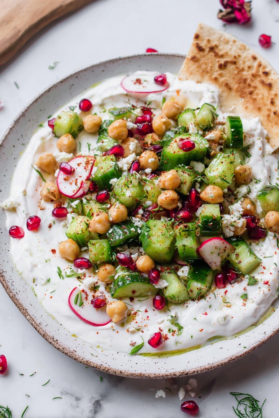 A white speckled plate holds a dish with three main visible layers: the bottom layer is a smooth spread of thick white yogurt that covers the plate in a loose circular shape; on top is a mix of large cucumber chunks with bright green skin, pale tan chickpeas, thin slices of red and white radishes, and small bright red pomegranate seeds scattered all around; the dish is sprinkled with small bits of white cheese and green chopped herbs, giving texture and color contrast; on one side, a rectangular piece of light brown flatbread is partially dipped into the yogurt. The plate sits on a white marbled surface with some scattered green herbs and pomegranate seeds around it. Photo taken with an iphone --ar 2:3 --v 7 - Smashed Cucumber and Chickpea Salad, healthy cucumber and chickpea salad, quick veggie salad recipes, refreshing summer salad, plant-based protein salads