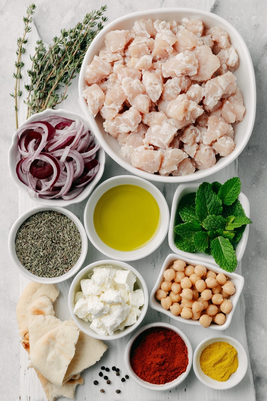 Flat lay of a small pile of ground chicken, a halved and finely diced yellow onion, a few sprigs of dried oregano and thyme arranged neatly, a scattering of whole black peppercorns, a few whole bright yellow turmeric roots next to a small pile of paprika powder and garlic powder, a small white ceramic bowl of extra-virgin olive oil, a small white ceramic bowl with crumbled fresh feta cheese, a handful of fresh flat-leaf parsley and mint leaves, four halved and sliced Persian cucumbers, a small white ceramic bowl filled with pickled red onions, a small white ceramic bowl with roasted chickpeas, a portion of cooked jasmine rice shaped tidily, and a few torn pieces of warm pita bread, all placed on a clean white marble surface, soft natural light, photo taken with an iPhone, professional food photography style, fresh ingredients, white ceramic bowls, no bottles, no duplicates, no utensils, no packaging --ar 2:3 --v 7 --p m7354615311229779997 - Mediterranean Chicken Bowls with Feta Sauce, Mediterranean chicken bowls, healthy chicken bowls, quick Mediterranean dinner, flavorful chicken recipes