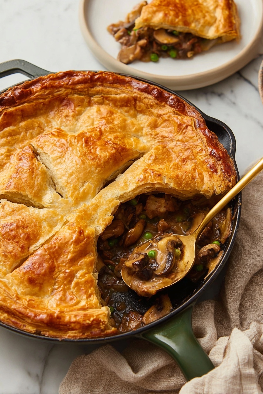 The image shows a round pot pie with a thick, golden brown crust on top, which looks flaky and slightly wrinkled with small vent slits. The crust forms the top layer and covers a creamy filling underneath, which contains chunks of browned meat, orange carrots, green peas, and light brown mushrooms. The pie is in a dark pan with some filling scooped out, revealing the rich, creamy sauce mixed with the vegetables and meat. To the right, a white plate holds a slice of the pie with the same layers visible, resting on a white marbled surface. A light beige cloth is tucked near the pan. photo taken with an iphone --ar 2:3 --v 7 - Mushroom Pot Pie with Puff Pastry, mushroom pot pie, creamy mushroom pie, savory puff pastry pie, mushroom filling recipe