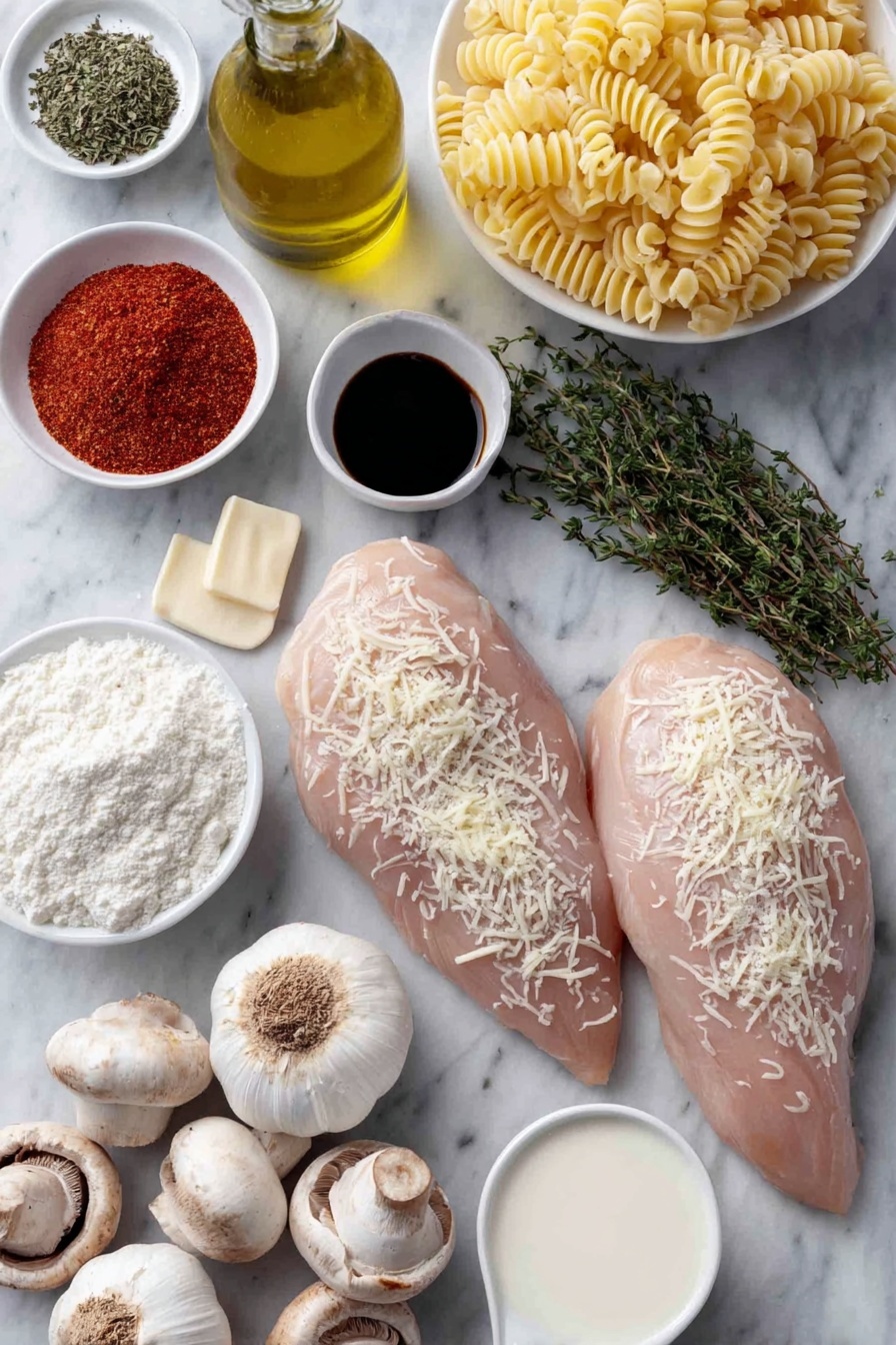 Flat lay of two large boneless skinless chicken breasts, a small mound of garlic powder, a small mound of Italian seasoning, a small mound of kosher salt, a small pile of freshly ground black pepper, a small white ceramic bowl of extra-virgin olive oil, a few tablespoons of salted butter blocks, a handful of sliced baby bella mushrooms, a small bunch of fresh thyme sprigs with leaves, three whole uncracked garlic cloves, a small white ceramic bowl of dry white wine, a small white ceramic bowl of all-purpose flour, a small white ceramic bowl of low-sodium chicken broth, a small white ceramic bowl of whole milk, a small white ceramic bowl filled with grated parmesan cheese, a small pile of fresh thyme leaves, a neat nest of cooked egg noodles, all arranged symmetrically on a clean white marble surface, soft natural light, photo taken with an iPhone, professional food photography style, fresh ingredients, white ceramic bowls, no bottles, no duplicates, no utensils, no packaging --ar 2:3 --v 7 --p m7354615311229779997 - Skillet Chicken with Mushroom Parmesan Gravy, Chicken with Mushroom Parmesan Gravy, Easy Chicken Dinner Recipes, Creamy Mushroom Chicken, Weeknight Chicken Skillet