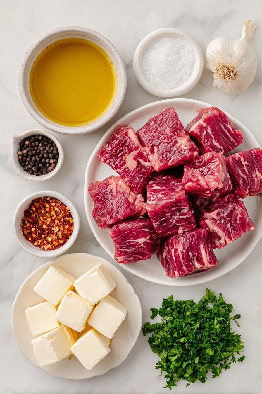 Flat lay of a small white ceramic bowl with golden olive oil, several raw sirloin steak bites with deep red marbling, coarse salt crystals scattered beside a small white bowl holding black peppercorns, two small cubes of pale unsalted butter on a white plate, a few fresh garlic cloves and a small pile of minced garlic next to a small white bowl filled with bright red crushed red pepper flakes, and a small bunch of vibrant green chopped parsley on a white ceramic dish, all arranged in perfect symmetry and realistic proportions, placed on a clean white marble surface, soft natural light, photo taken with an iPhone, professional food photography style, fresh ingredients, white ceramic bowls, no bottles, no duplicates, no utensils, no packaging --ar 2:3 --v 7 --p m7354615311229779997 - Garlic Butter Steak Bites, garlic butter steak bites, easy steak bites, tender steak bites, flavorful steak appetizer