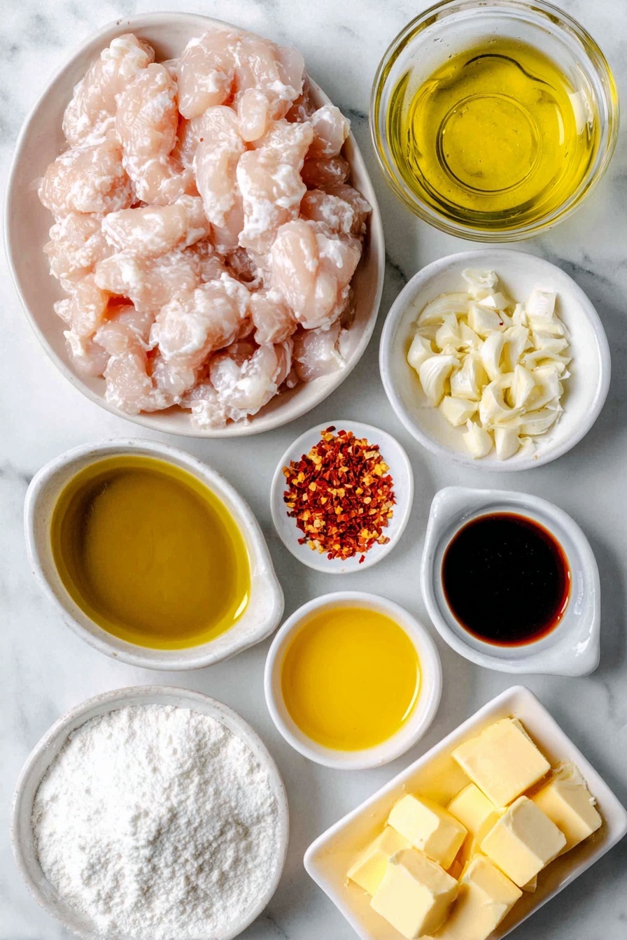 Flat lay of fresh bite-sized raw chicken breast pieces, a small white ceramic bowl of fine corn starch powder, a few red pepper flakes scattered neatly, a small white ceramic bowl with crushed garlic cloves, a clean white ceramic bowl holding golden olive oil, a small white ceramic bowl filled with thick amber honey, a small white ceramic bowl with bright yellow lemon juice, a small white ceramic bowl containing dark soy sauce, a small white ceramic bowl with vivid red hot sauce, a few small cubes of pale yellow butter placed naturally, all arranged with perfect symmetry and balanced proportions, placed on a clean white marble surface, soft natural light, photo taken with an iPhone, professional food photography style, fresh ingredients, white ceramic bowls, no bottles, no duplicates, no utensils, no packaging --ar 2:3 --v 7 --p m7354615311229779997 - Honey Garlic Chicken Bites, Chicken Bites Recipe, Easy Honey Garlic Chicken, Quick Chicken Dinners, Sweet and Savory Chicken