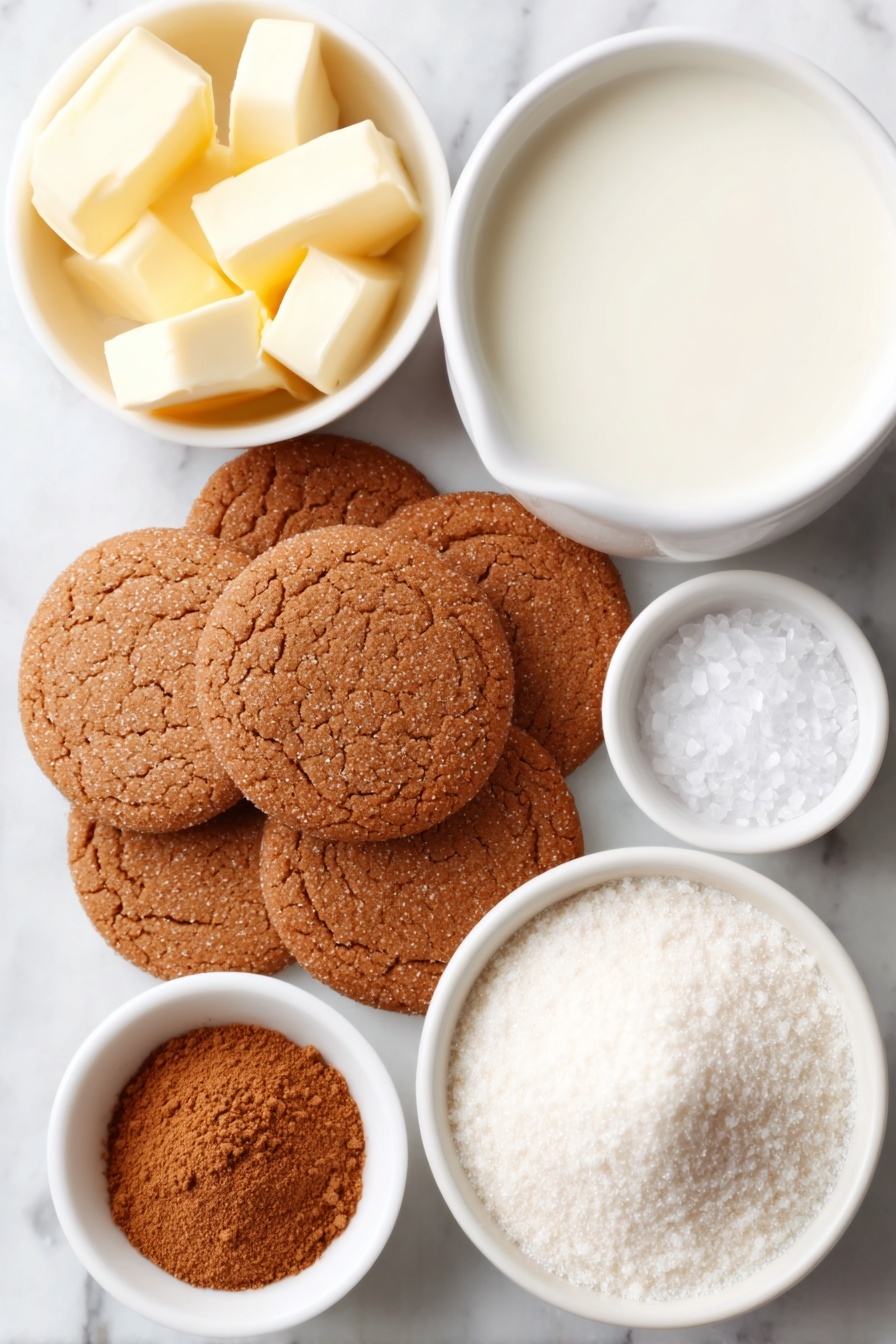 Flat lay of whole gingersnap cookies arranged in a small cluster, a small white ceramic bowl of whole milk, a few small cubes of unsalted butter stacked neatly, a small white bowl holding smooth vanilla extract, a small white bowl with warm ground cinnamon powder, a small white bowl filled with fine powdered sugar, and a small white bowl containing fine sea salt crystals, all placed with perfect symmetry on a clean white marble surface, soft natural light, photo taken with an iPhone, professional food photography style, fresh ingredients, white ceramic bowls, no bottles, no duplicates, no utensils, no packaging --ar 2:3 --v 7 --p m7354615311229779997 - Homemade Cookie Butter Spread, how to make cookie butter, homemade cookie spread, easy cookie butter recipe, homemade spread with cinnamon vanilla