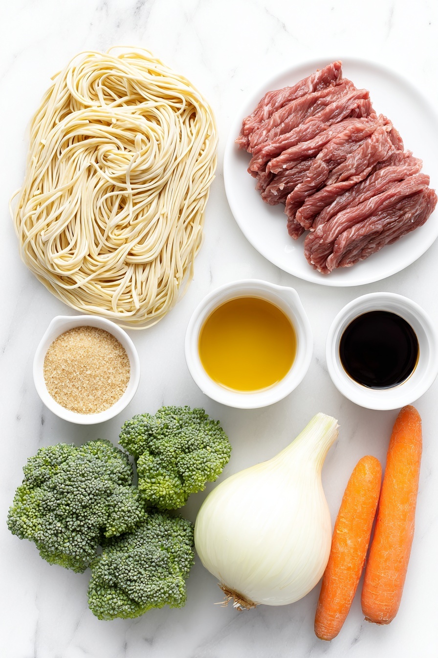 Flat lay of fresh thin lo mein noodles neatly coiled, a small white bowl of glossy dark soy sauce, a small white bowl of amber sesame oil, bright orange whole carrots with green tops, vibrant green broccoli florets, a large white onion whole and unpeeled, four fresh garlic cloves unpeeled, a small white bowl filled with hot water, thin raw beef strips arranged artfully on a simple white ceramic plate, a few granules of brown sugar scattered beside a small white bowl, all ingredients placed in perfect symmetry on a clean white marble surface, soft natural light, photo taken with an iPhone, professional food photography style, fresh ingredients, white ceramic bowls, no bottles, no duplicates, no utensils, no packaging --ar 2:3 --v 7 --p m7354615311229779997 - Beef Lo Mein Stir-Fry, easy beef stir-fry recipe, quick Asian noodle dish, healthy beef and vegetable stir-fry, savory noodle stir-fry ideas