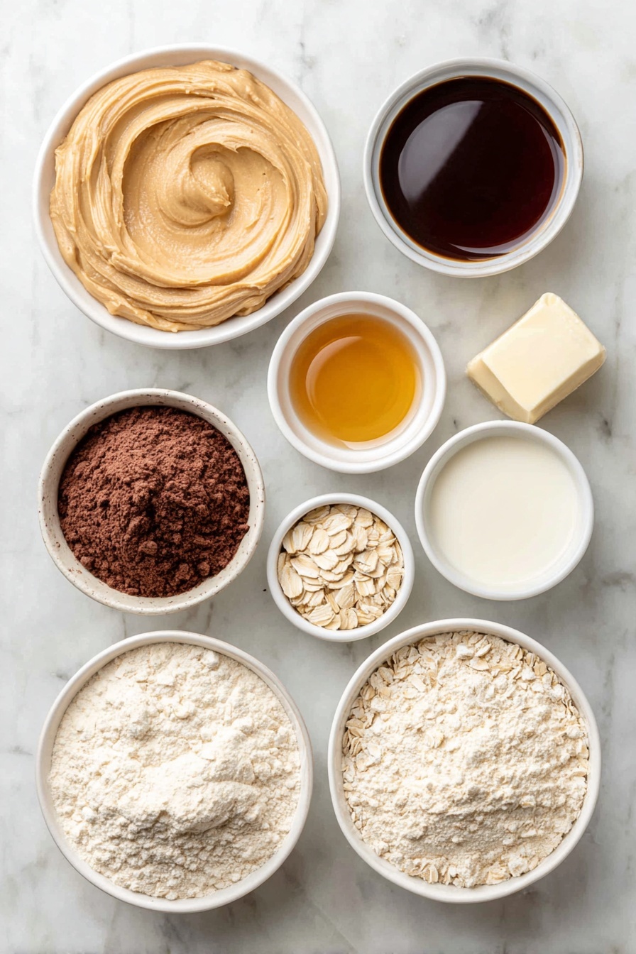 Flat lay of a small white ceramic bowl of smooth peanut butter, a small white ceramic bowl of golden maple syrup, a small white ceramic bowl of vanilla protein powder, a small white ceramic bowl of dark chocolate syrup, a small white ceramic bowl of oat milk, a small white ceramic bowl of vanilla extract, all ingredients fresh and natural, perfectly arranged in balanced symmetry, placed on a clean white marble surface, soft natural light, photo taken with an iPhone, professional food photography style, fresh ingredients, white ceramic bowls, no bottles, no duplicates, no utensils, no packaging --ar 2:3 --v 7 --p m7354615311229779997 - High-Protein Ninja Milkshake, healthy protein shake recipes, creamy milkshake with protein, post-workout protein drink, easy high-protein smoothies